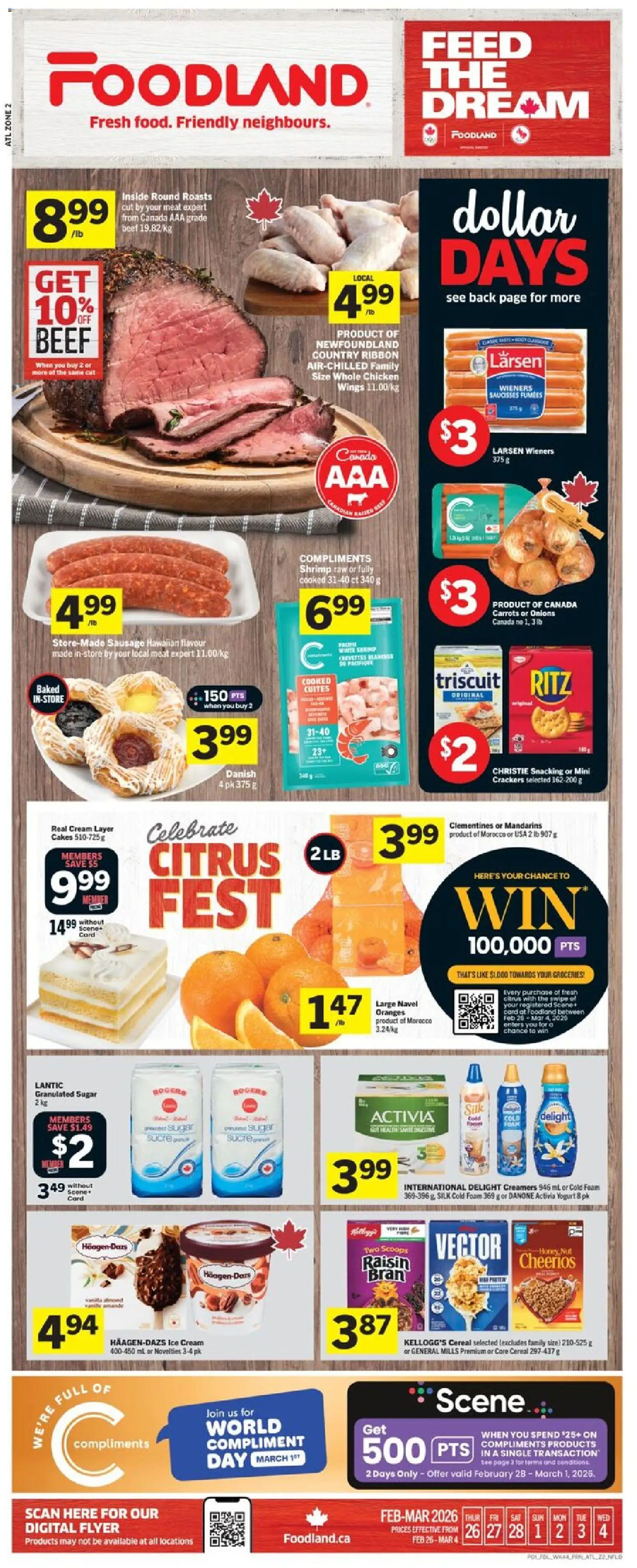 Preview of leaflet Weekly Flyer - NL from shop Foodland is valid from Feb 26, 2026 - Chicken, Ice, Yogurt, Carrots, Cream, Foam, Granulated sugar, Whole chicken