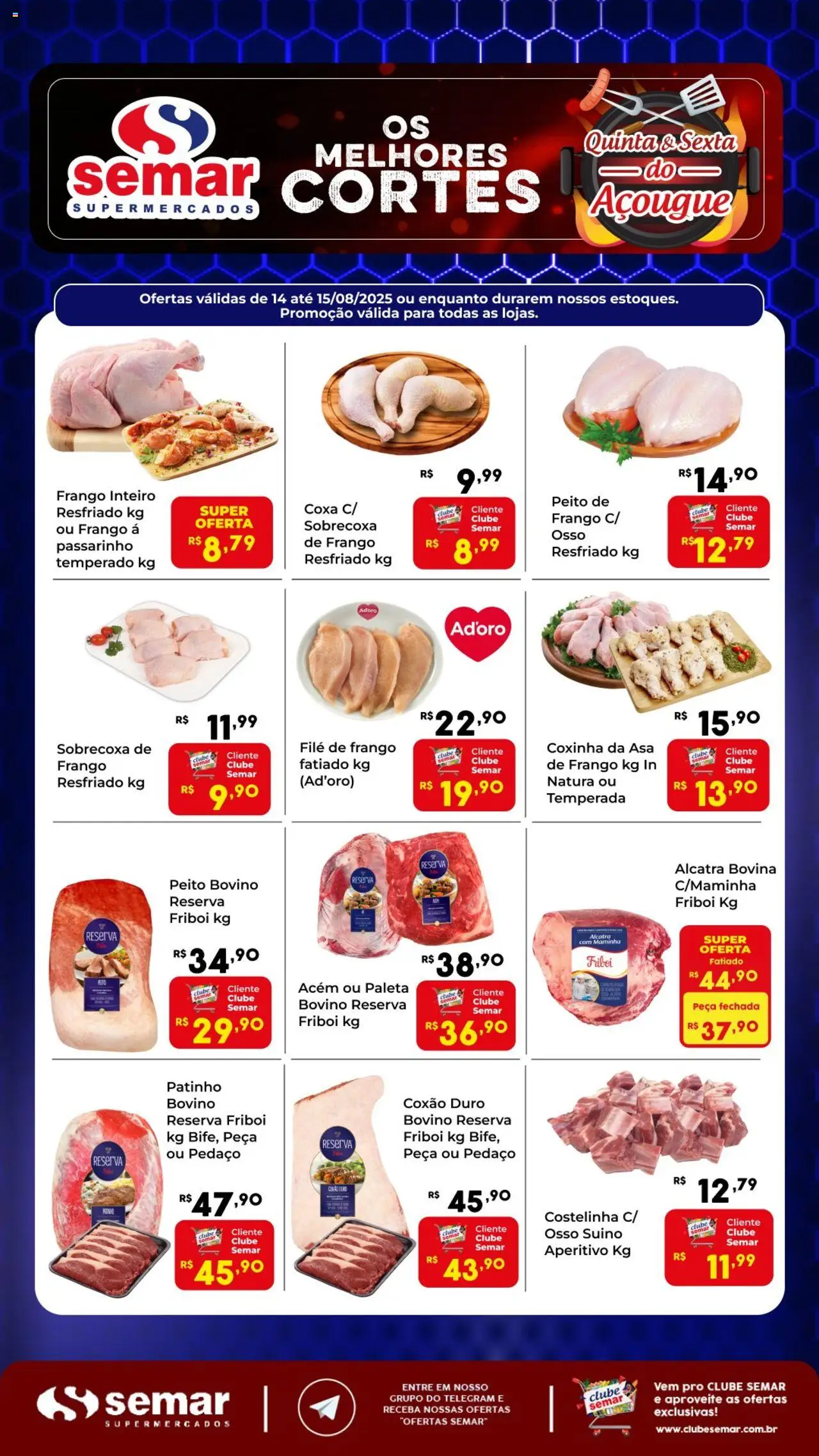 Semar Supermercado folheto "Ofertas do Açougue" válido a partir de 14/08/2025 - número de página 1 - Frango, Alcatra, Filé de frango, Maminha, Coxão duro, Acém, Frango inteiro