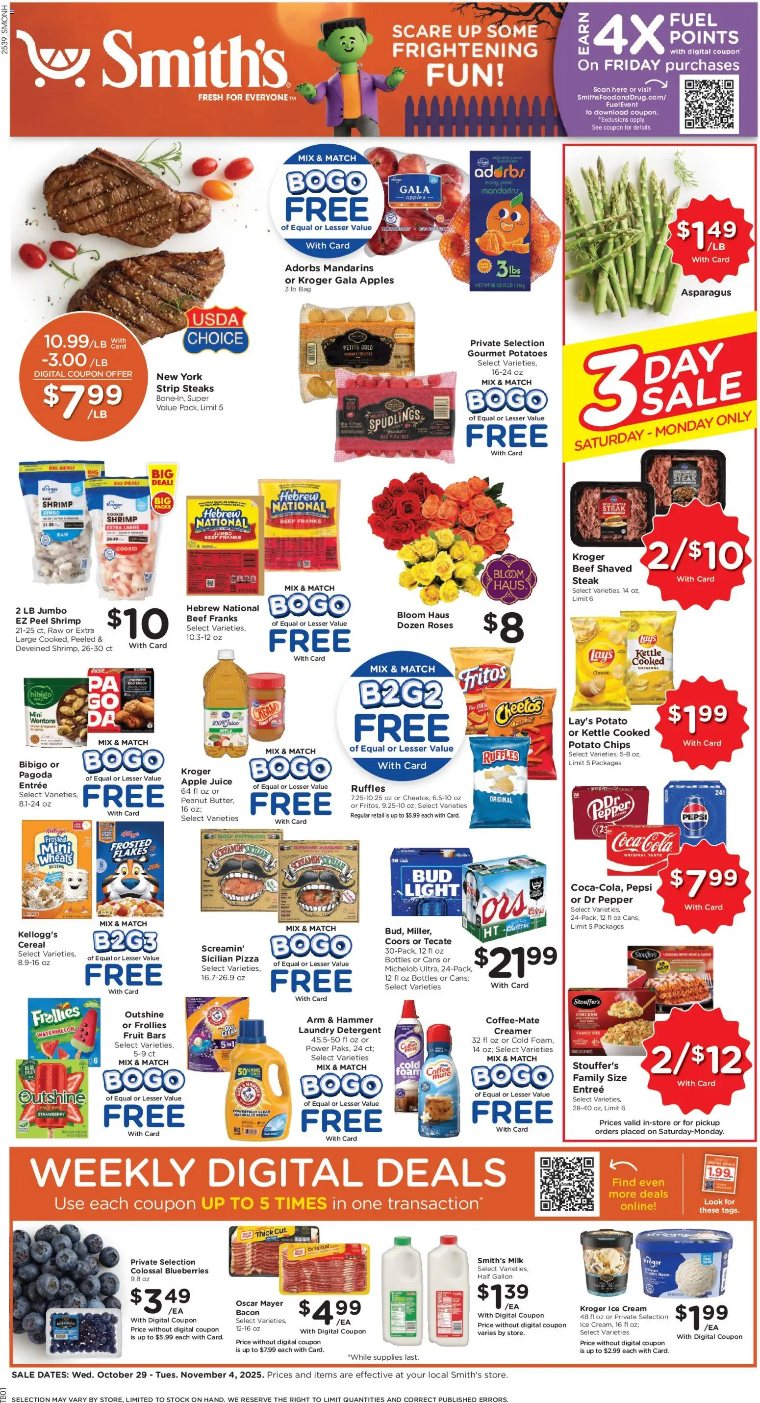Ad Preview of Smith's Weekly Ad - NM from 10/29/2025 - Apples, Ice, Steak, Milk, Lasagna, Blueberries, Asparagus, Hammer