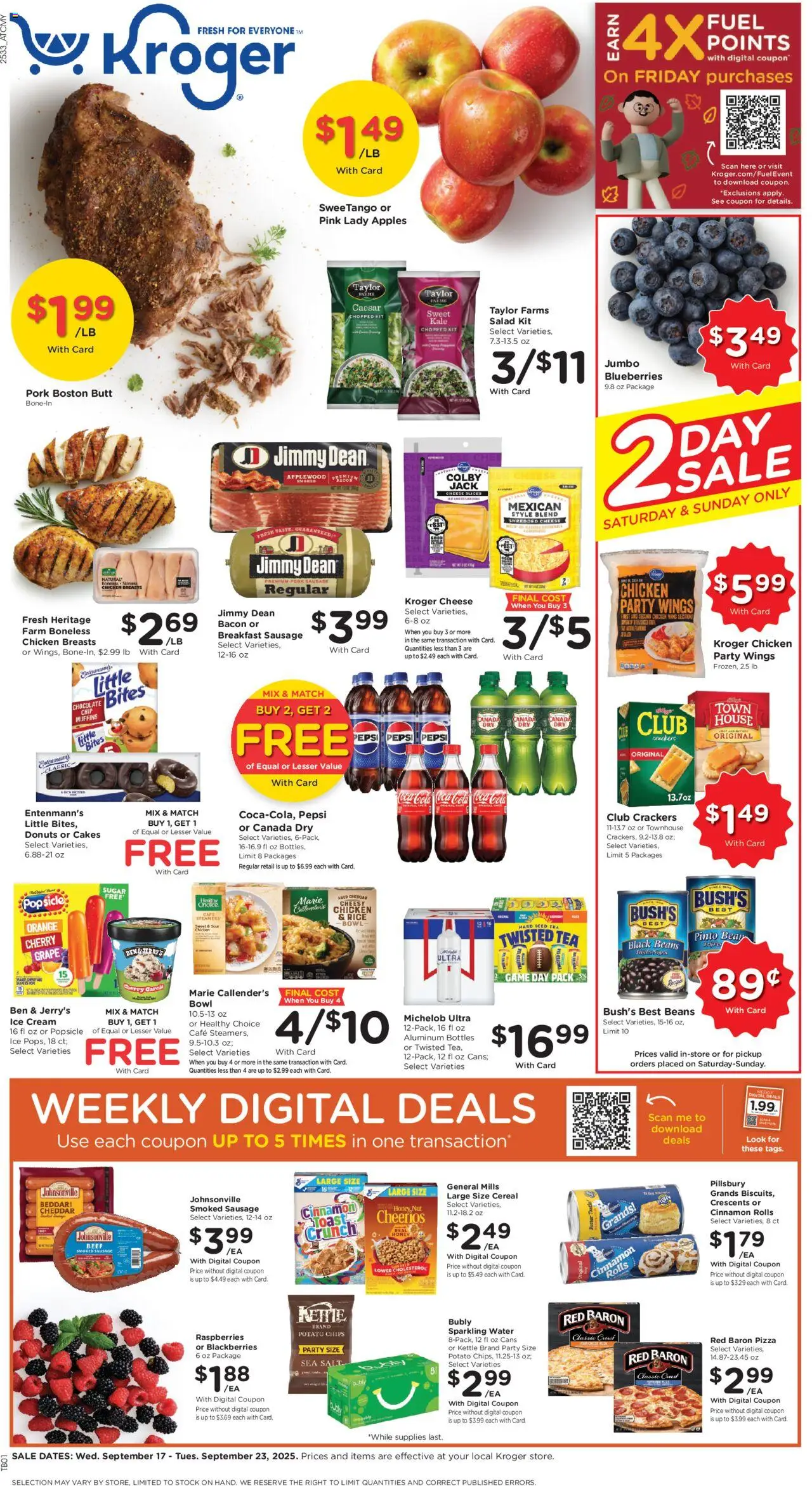 Ad Preview of Kroger Weekly Ad from 09/17/2025 - Ice cream, Cereal, Rice, Raspberries, Muffins, Potato chips, Chocolate Chip, Iced tea