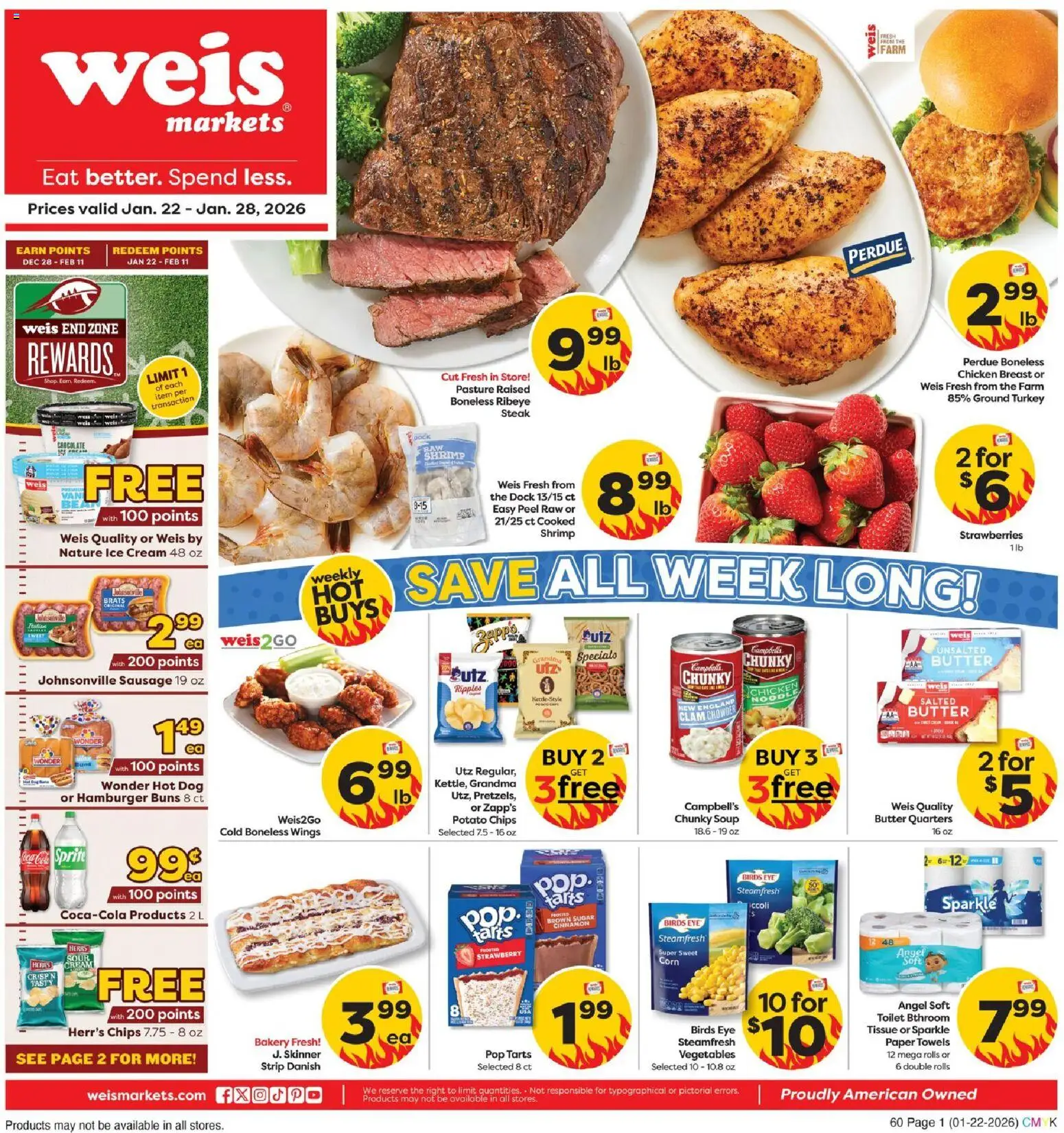 Ad Preview of Weis Weekly Circular - PA from 01/22/2026 - Bakery, Steak, Strawberries, Vegetables, Sausage, Potato chips, Paper towels, Ground turkey