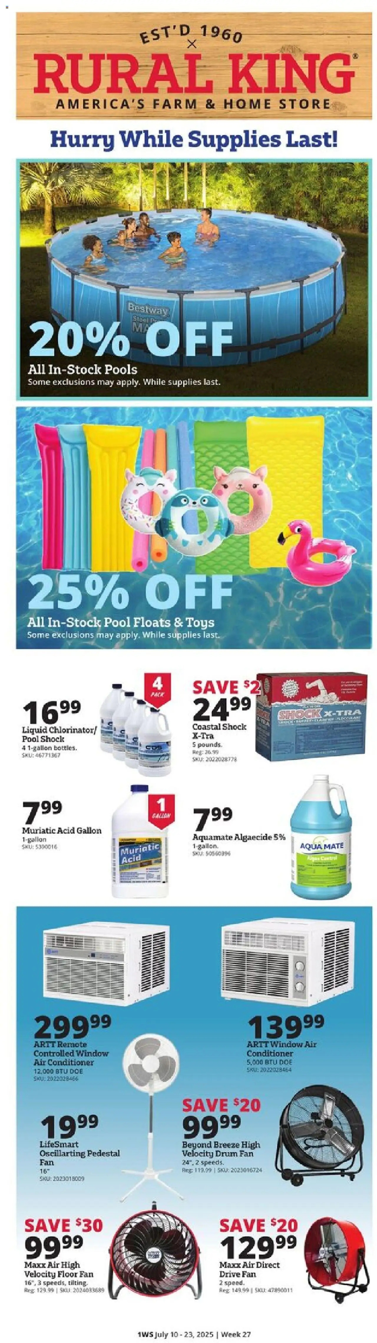 Rural King Weekly Ad from 07/10/2025 - Flyer - Page number 1 - Conditioner, Air conditioner, Shock, Toys, Fan