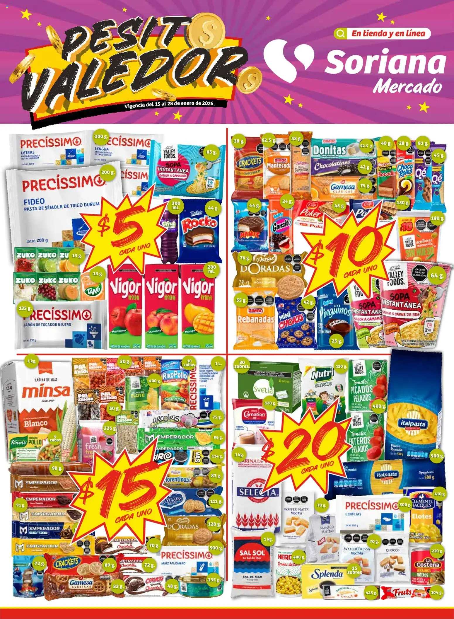 Vista previa las ofertas de la tienda Soriana - Pesito Valedor Mercado: Edo Mex, Valle De México, Gro, Hgo, Mor, Pue, Qto, Tlax, Ver desde el 15/01/2026 - Pollo, Tomates, Maíz, Jabón, Lentejas, Sopa, Res, Pasta de sémola