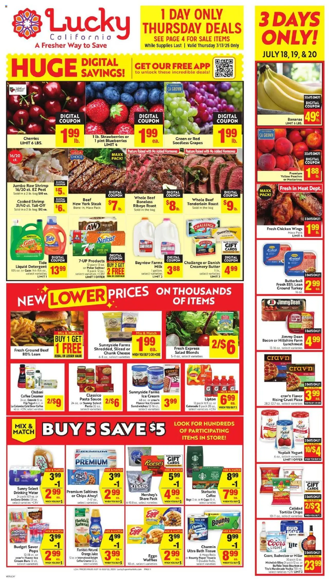 Lucky Supermarkets Weekly Ad from 07/16/2025 - Flyer - Page number 1 - Bourbon, Strawberries, Pasta, Vodka, Lemon, Lime, Ground beef, Ice