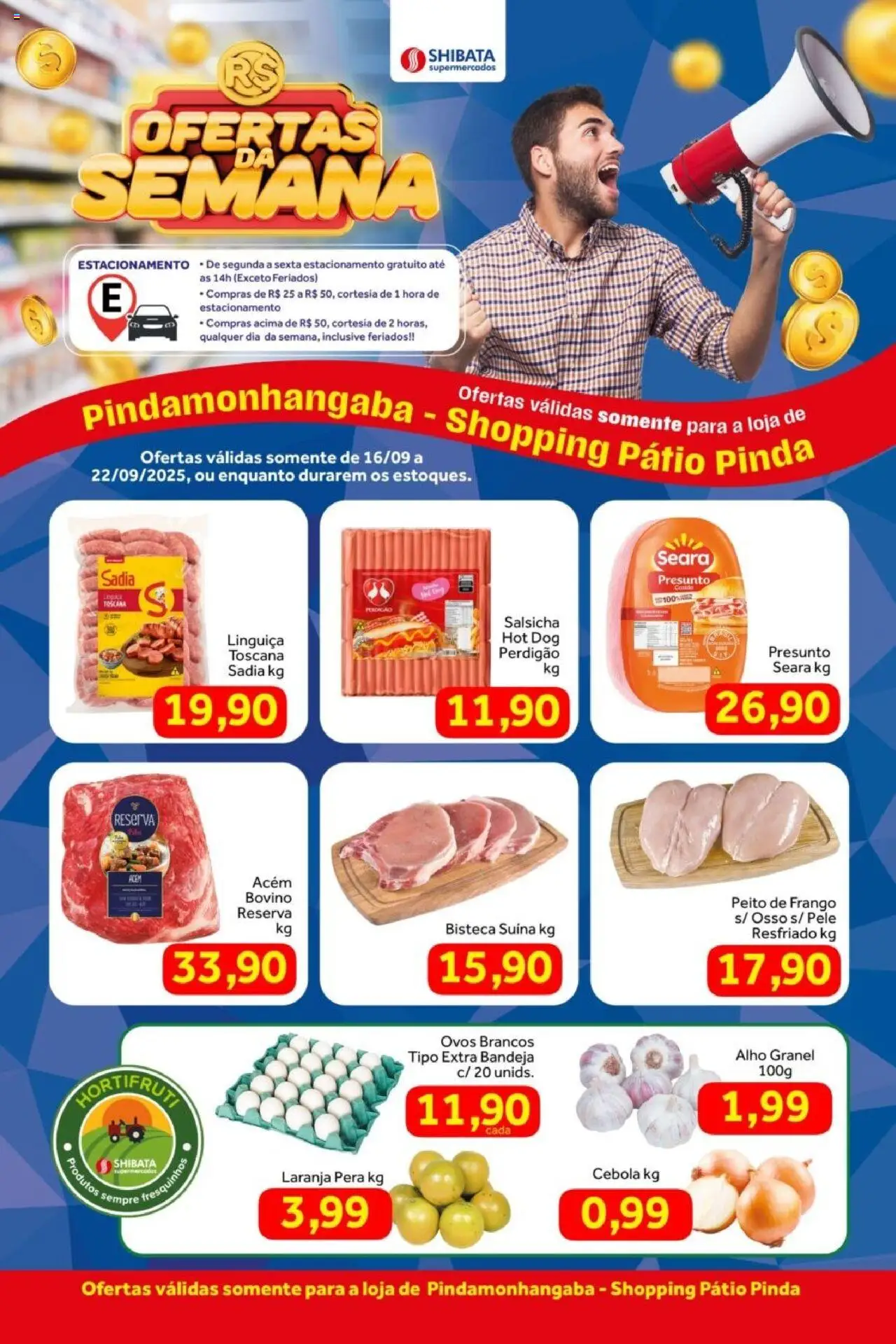 Shibata folheto "Ofertas Pátio Pinda" válido a partir de 16/09/2025 - número de página 1 - Ovos, Frango, Pera, Cebola, Linguiça, Presunto, Bandeja, Acém