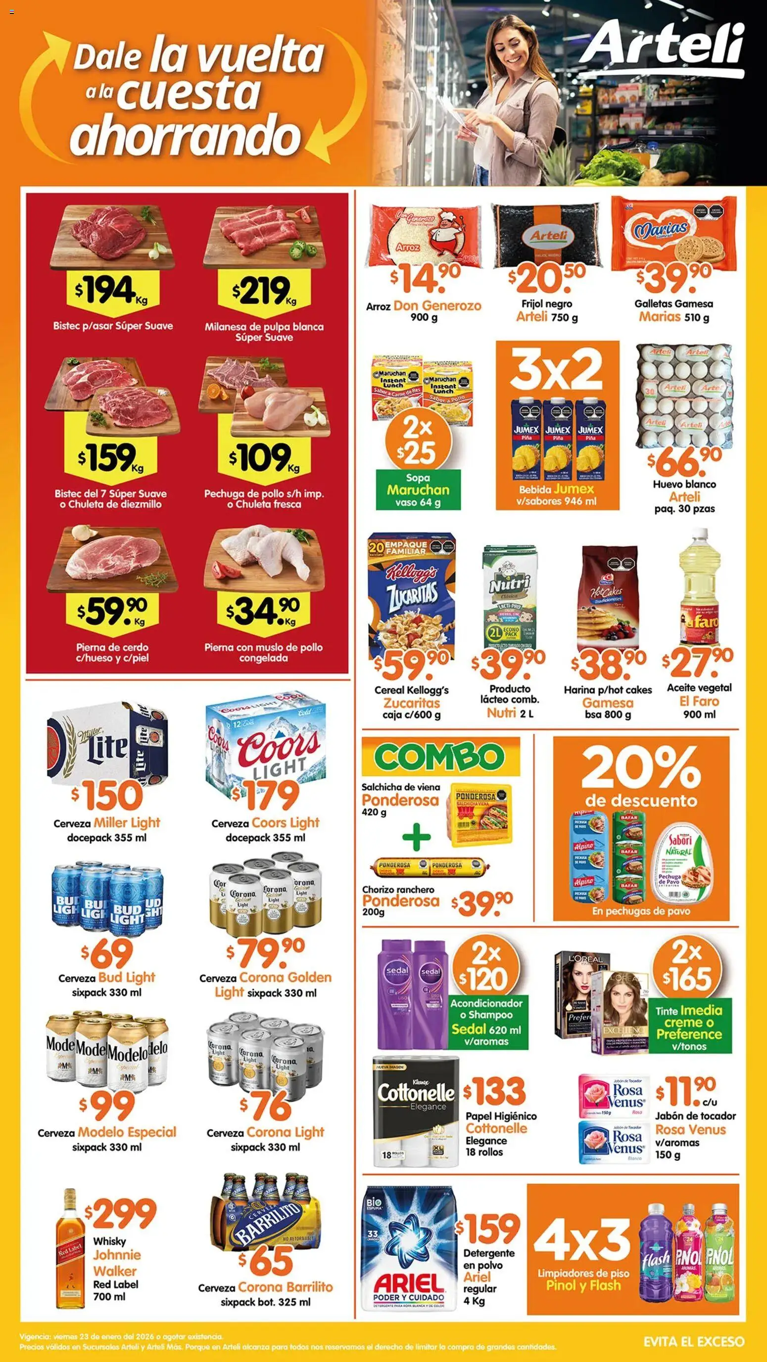 Vista previa las ofertas de la tienda Arteli - Folleto desde el 23/01/2026 - Papel higiénico, Cerveza Corona, Caja, Detergente, Salchicha, Aceite vegetal, Acondicionador, Polvo