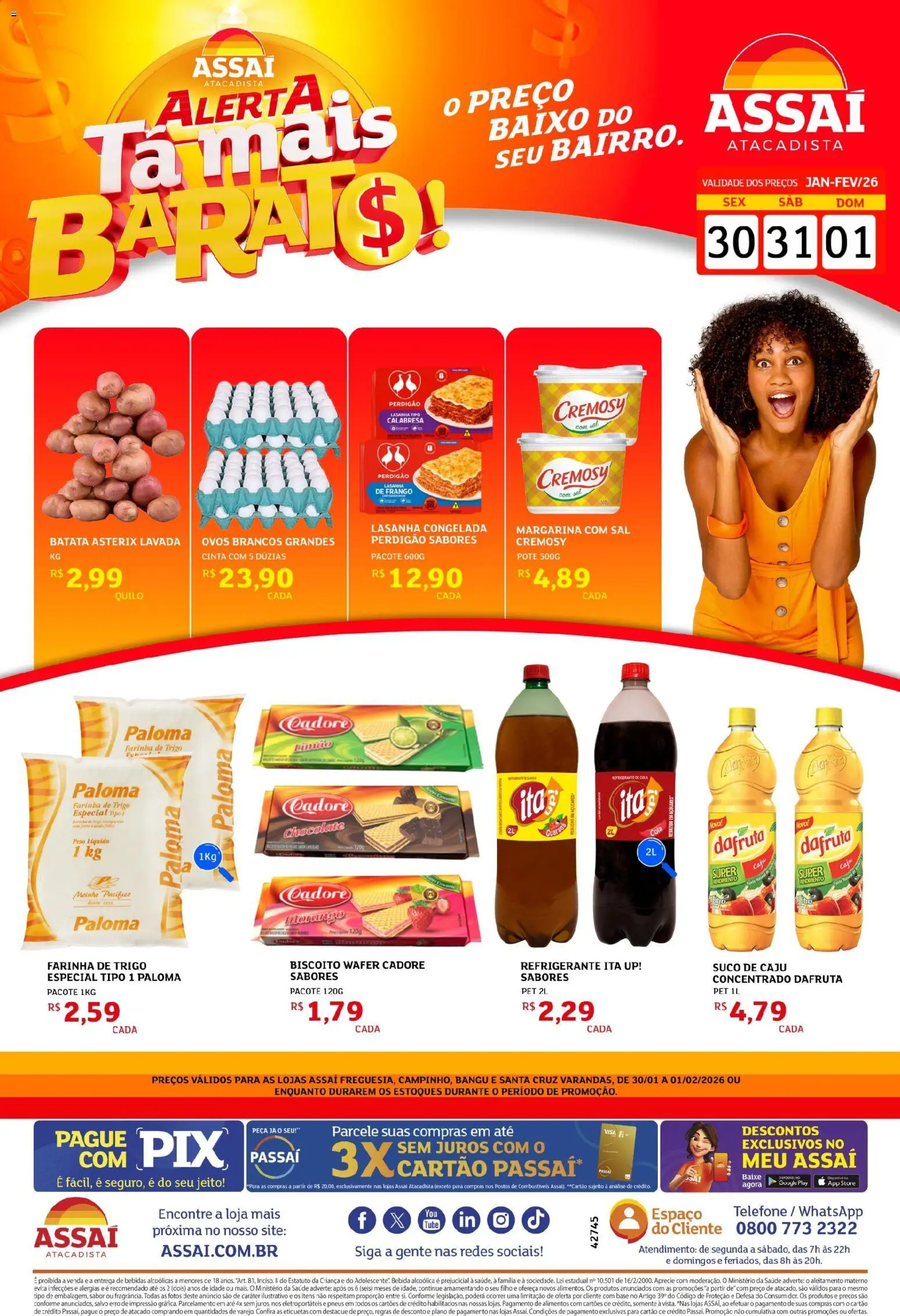 Pré-Visualização do folheto "Encarte - RJ" da loja Assaí Atacadista válido a partir de 30/01/2026 - Telefone, Lasanha, Bebidas, Pneus, Base, Frango, Farinha, Margarina