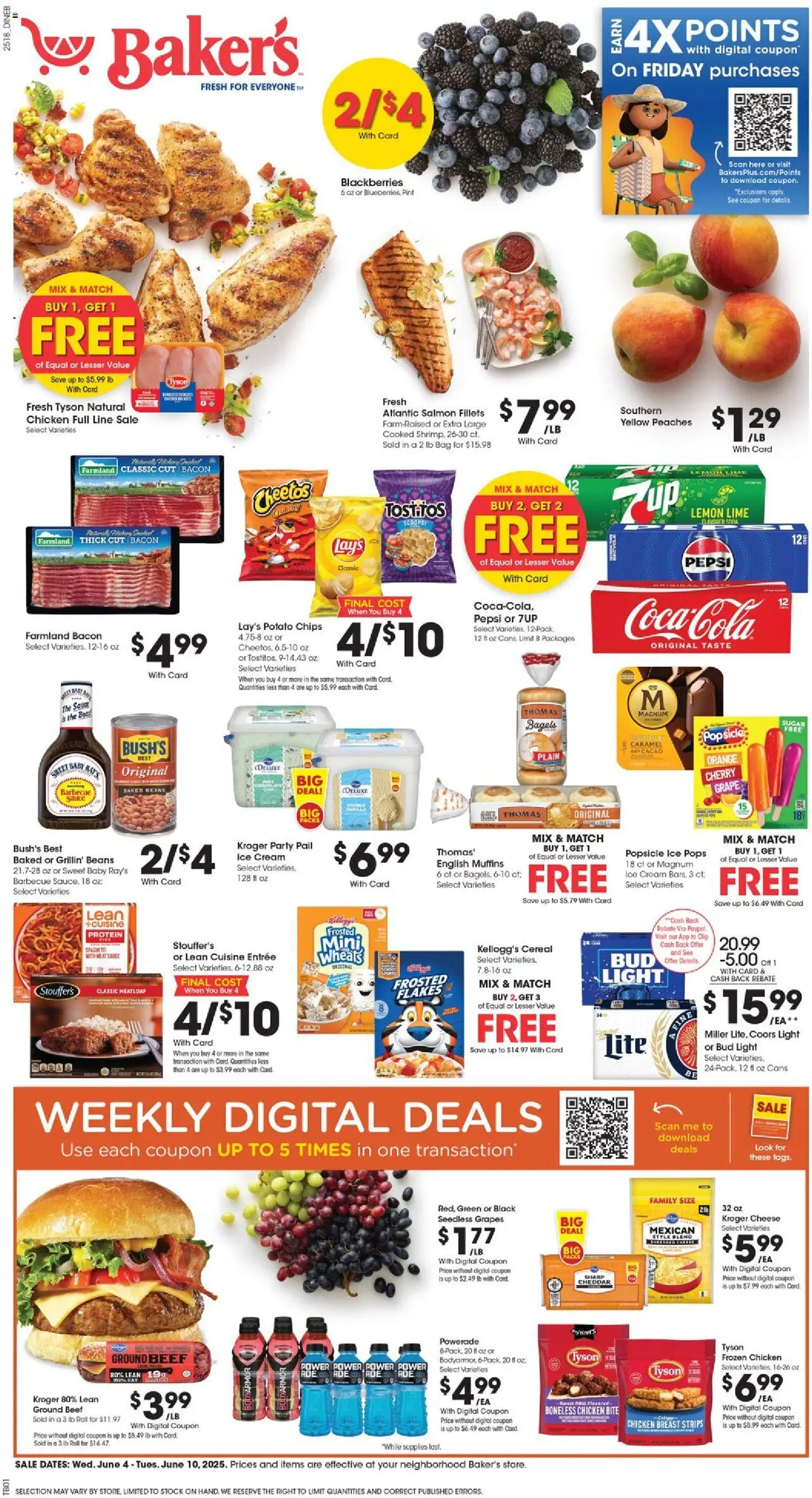 Baker's Weekly Ad from 06/04/2025 - Flyer - Page number 1 - Meat, Protein, Beef, Chips, Lemon, Ice, Cereal, Muffins