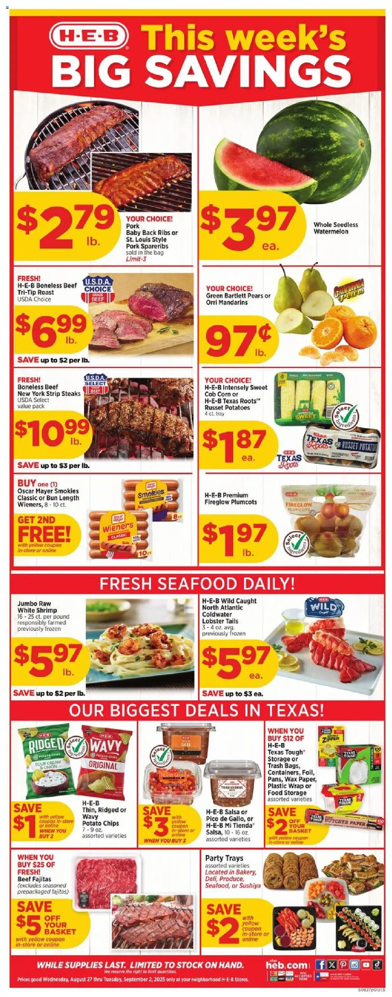 H-E-B Weekly Ad from 08/27/2025 - Flyer - Page number 1 - Watermelon, Shrimp, Beef, Basket, Pork, Cream, Pears, Sour cream
