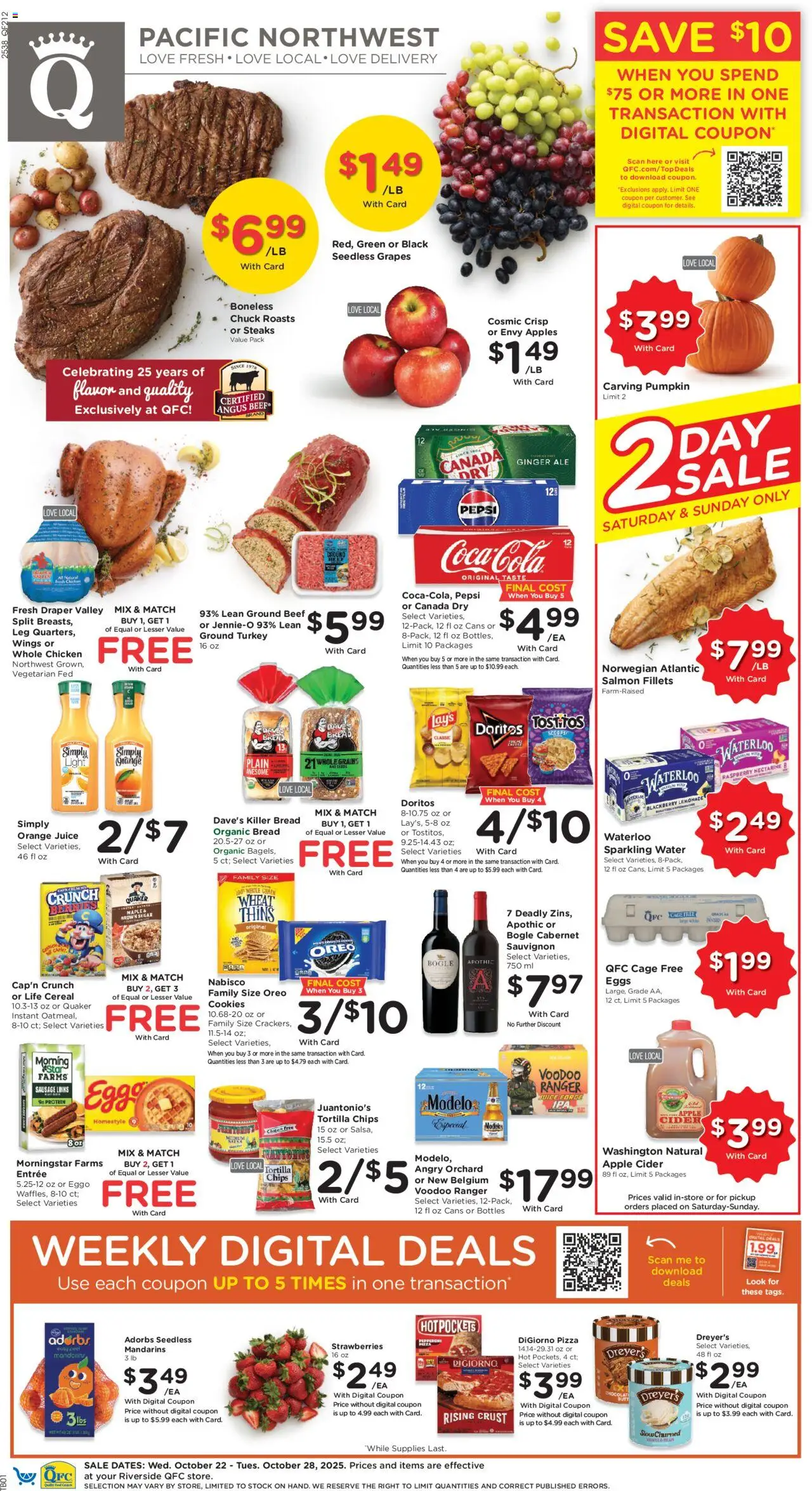 QFC Weekly Ad - WA from 10/22/2025 - Flyer - Page number 1 - Apples, Eggs, Chips, Bread, Ginger, Ground beef, Mandarins, Vanilla bean