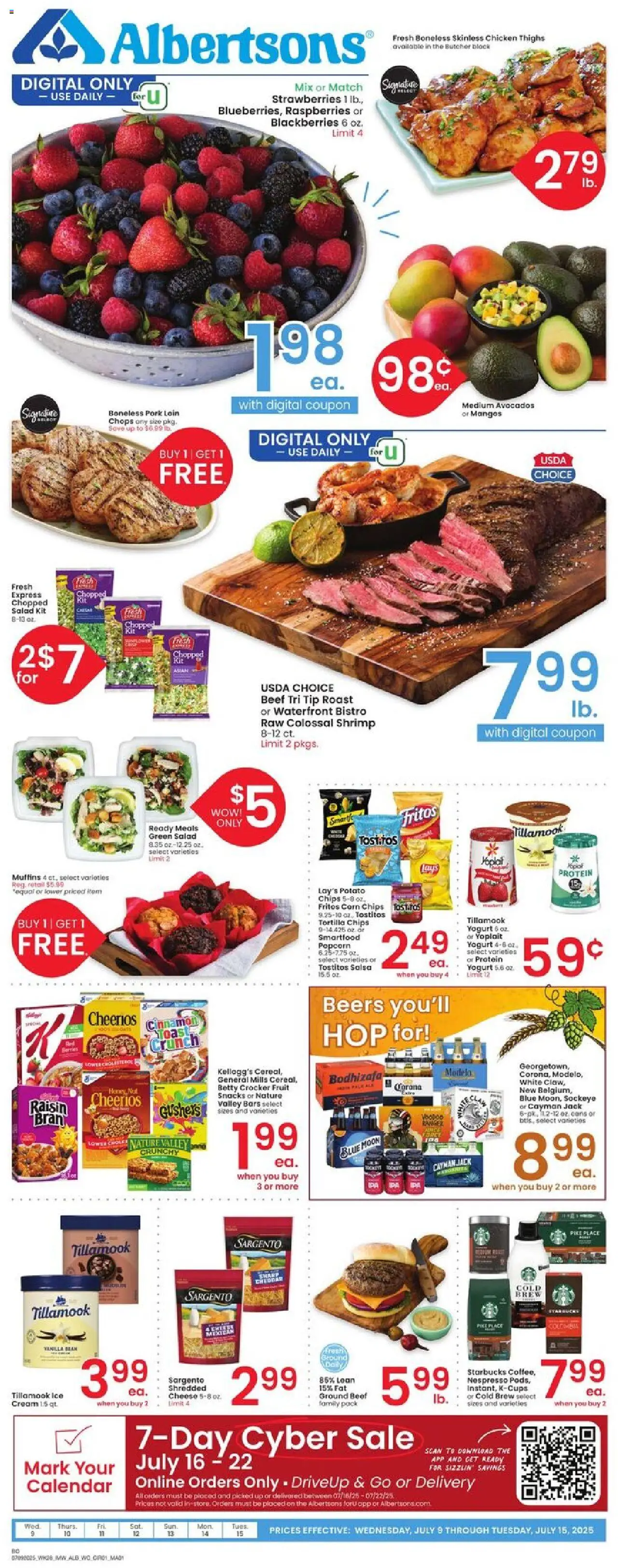 Albertsons Weekly Ad from 07/09/2025 - Flyer - Page number 1 - Fruit, Strawberries, Yogurt, Pork, Chicken thighs, Muffins, Potato chips, Chicken