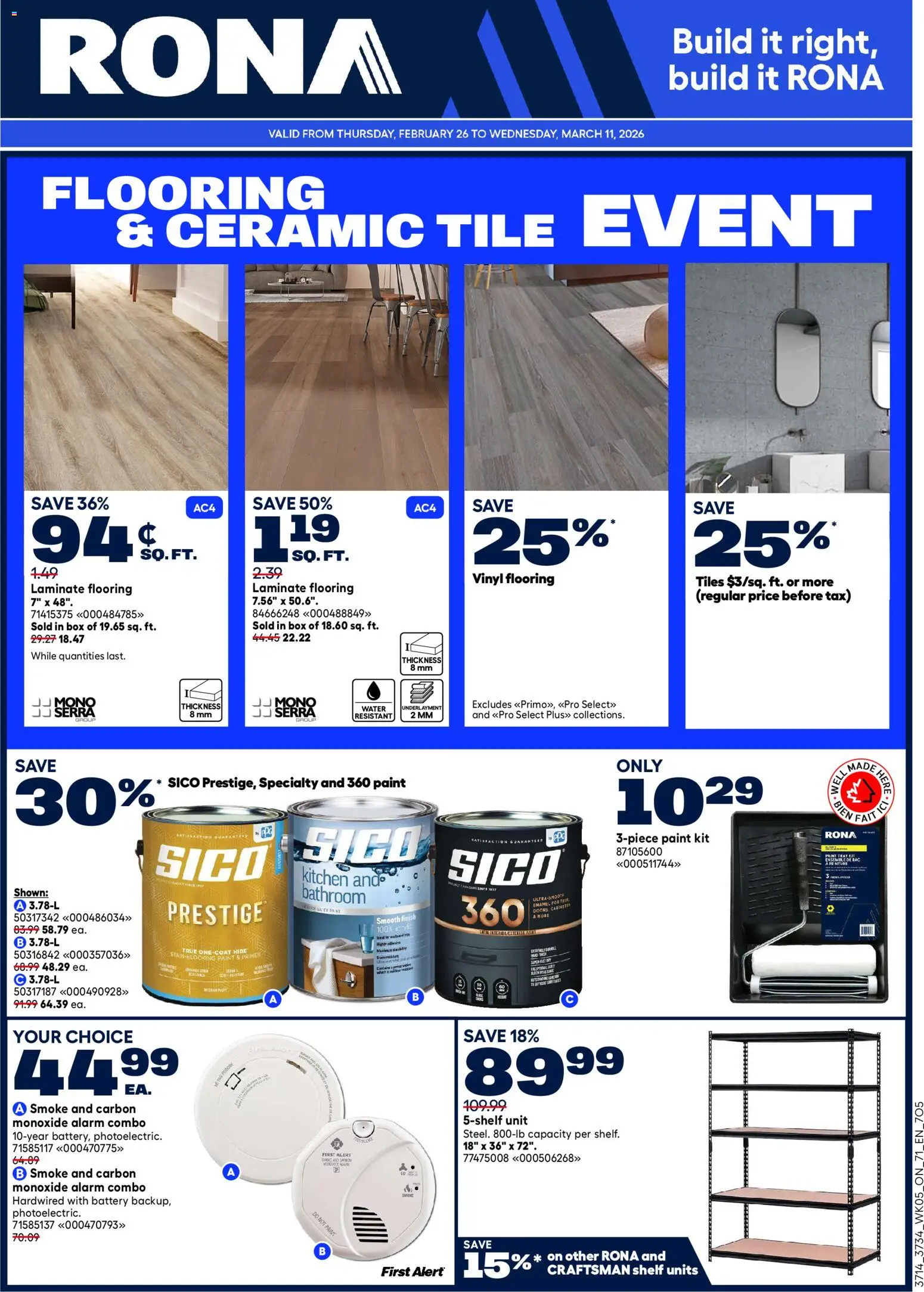 Preview of leaflet Weekly Flyer from shop Rona is valid from Feb 26, 2026 - Water, Tiles, Box, Battery, Shelf
