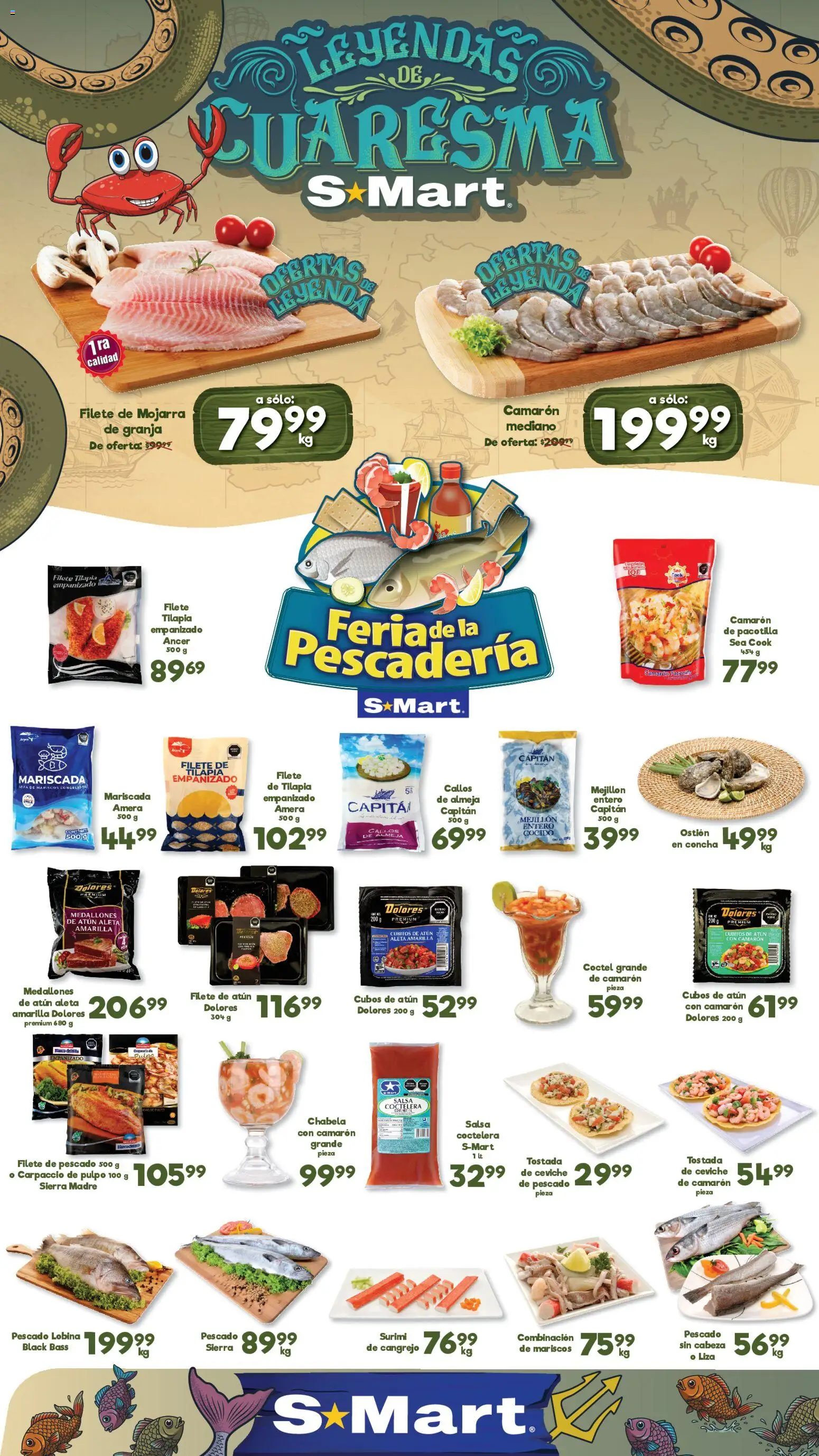 Vista previa las ofertas de la tienda S-Mart - Folleto Ofertas de feria Monterrey desde el 17/02/2026 - Mariscos, Atún, Sierra, Sopa, Tilapia, Filete de pescado, Filete, Filete de atún