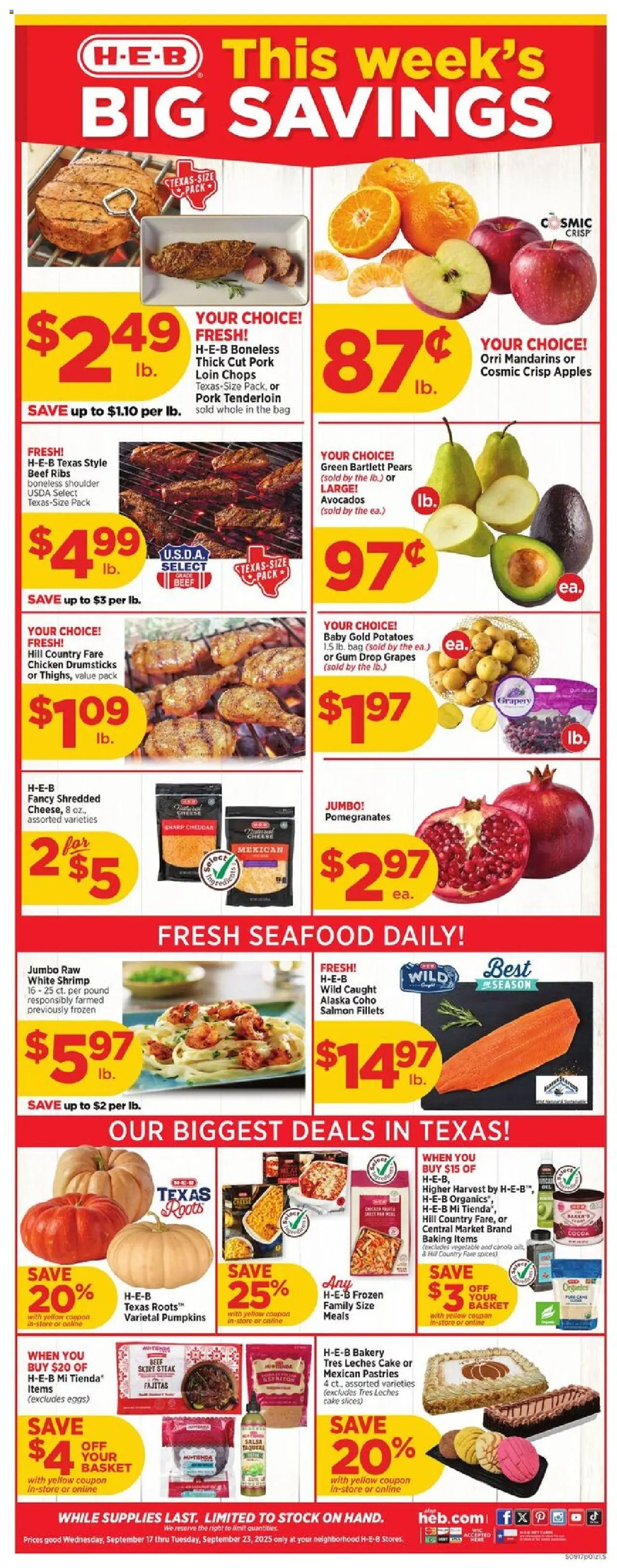 Ad Preview of H-E-B Weekly Ad from 09/17/2025 - Cocoa, Cake, Cheese, Salmon, Mandarins, Beef ribs, Pork tenderloin, Chicken drumsticks