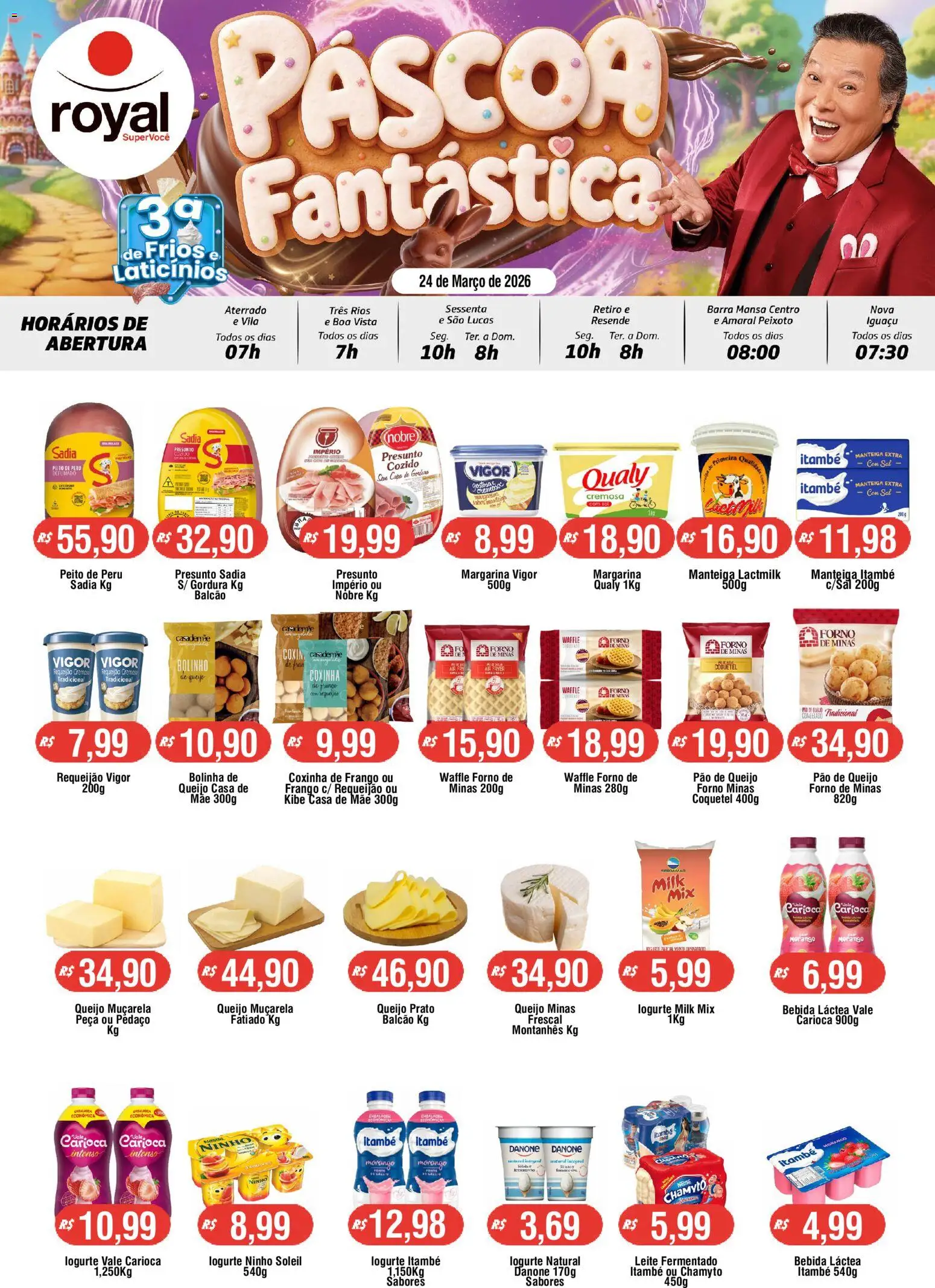 Pré-Visualização do folheto "Royal Supermercados ofertas Terça dos Frios e Laticínios" da loja Royal Supermercados válido a partir de 24/03/2026 - Peru, Bebida, Leite, Frango, Forno, Margarina, Peito de peru, Muçarela