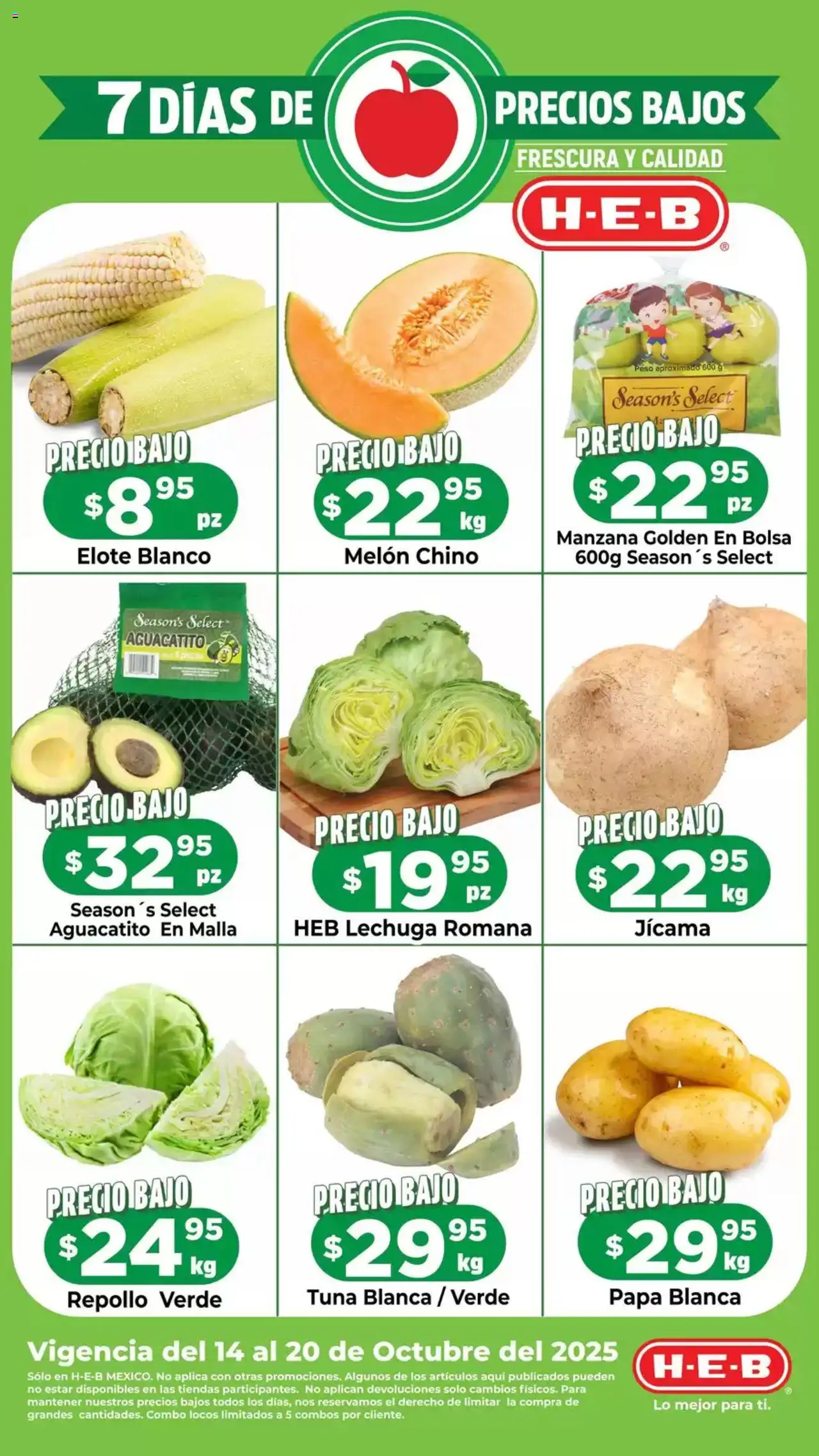 Vista previa las ofertas de la tienda H-E-B - Folleto Precios Bajos desde el 14/10/2025 - Papa, Manzana, Bolsa, Lechuga, Lechuga romana, Repollo, Melón, Malla