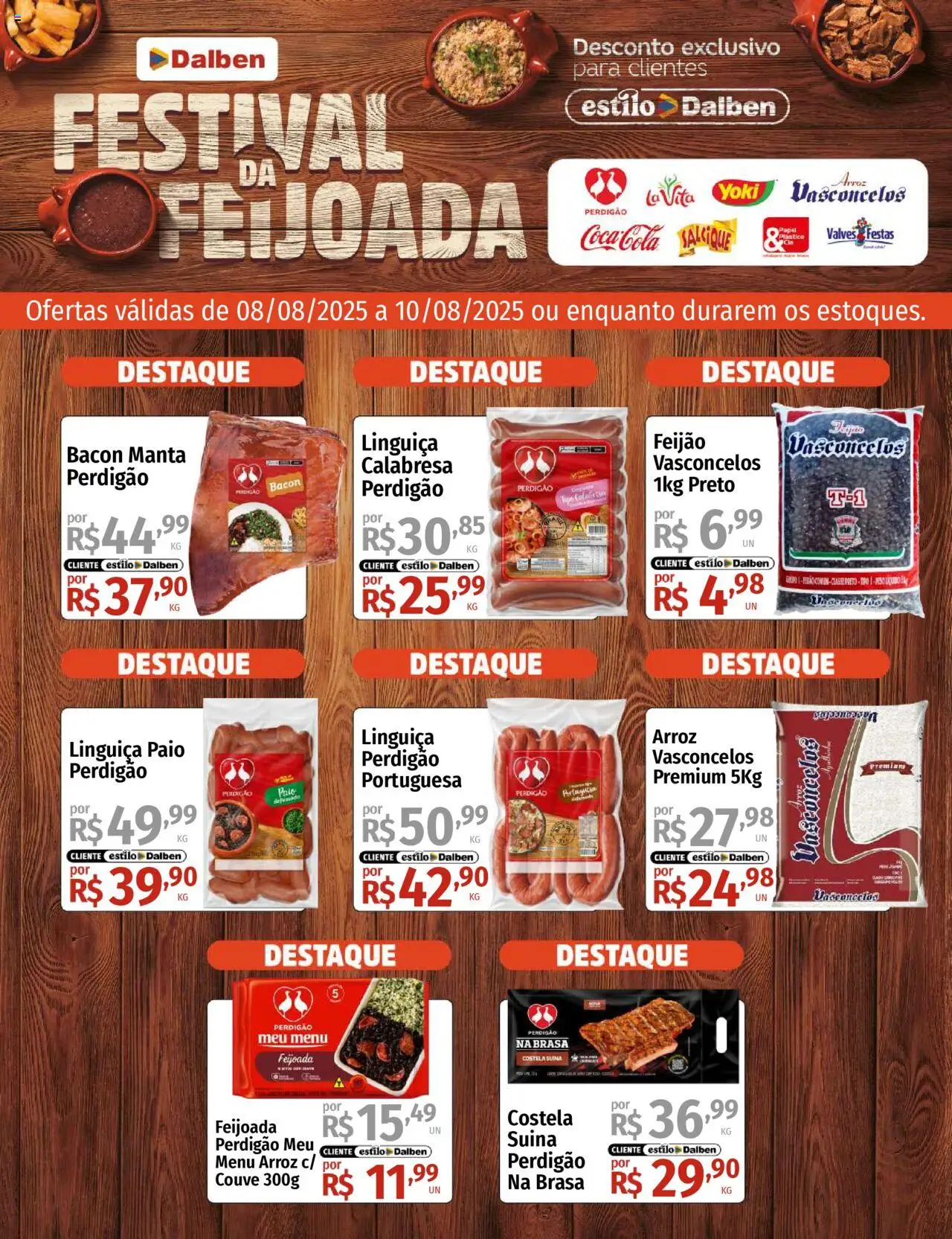 Supermercado Dalben folheto "Ofertas Festival da Feijoada" válido a partir de 08/08/2025 - número de página 1 - Arroz, Feijão, Couve, Bacon, Linguiça