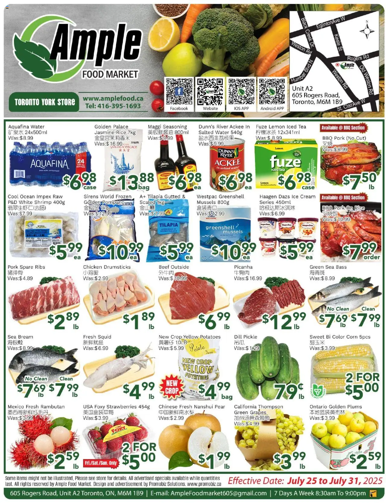 Ample Food Market flyer valid from Jul 25, 2025 - page number 1 - Ice cream, Water, Tea, Strawberries, Shrimp, Rice, Pork, Chicken drumsticks