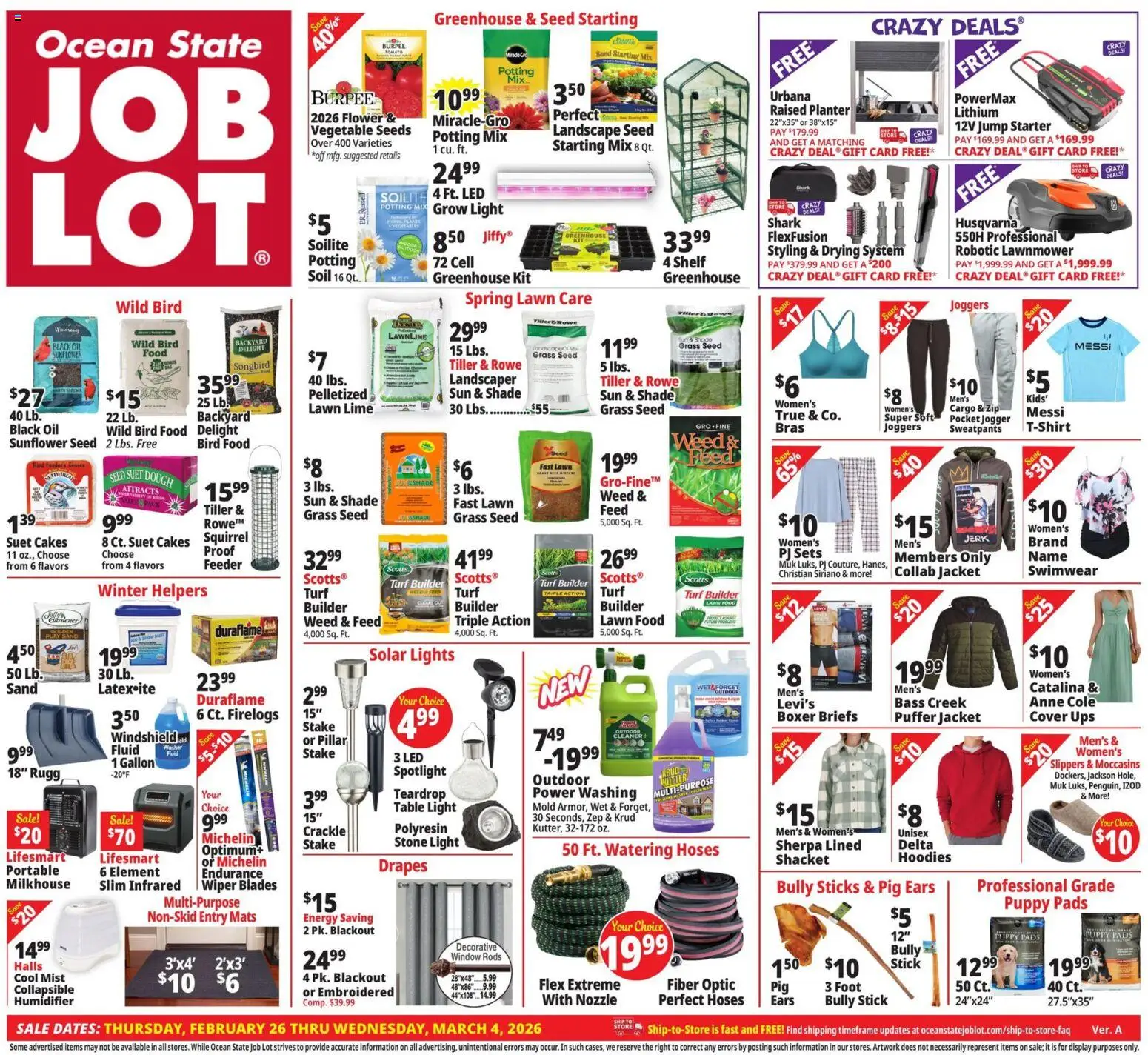 Ad Preview of Ocean State Job Lot Weekly Ad from 02/26/2026 - UPS, Oil, Jacket, Windshield, Briefs, Starter, Wiper, Table
