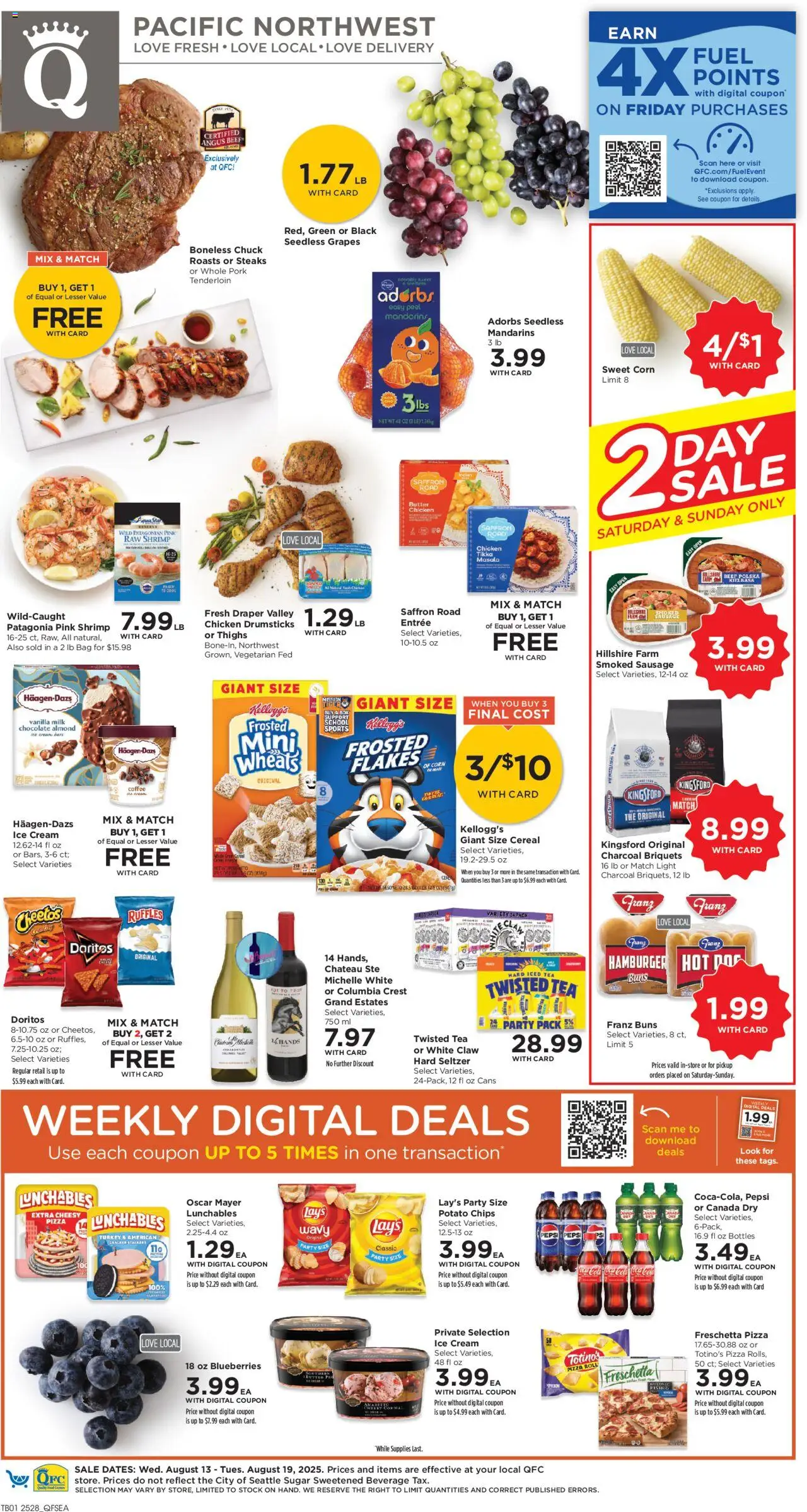 QFC Weekly Ad from 08/13/2025 - Flyer - Page number 1 - Pepsi, Sausage, Grapes, Beef, Bag, Mandarins, Drumsticks, Flakes