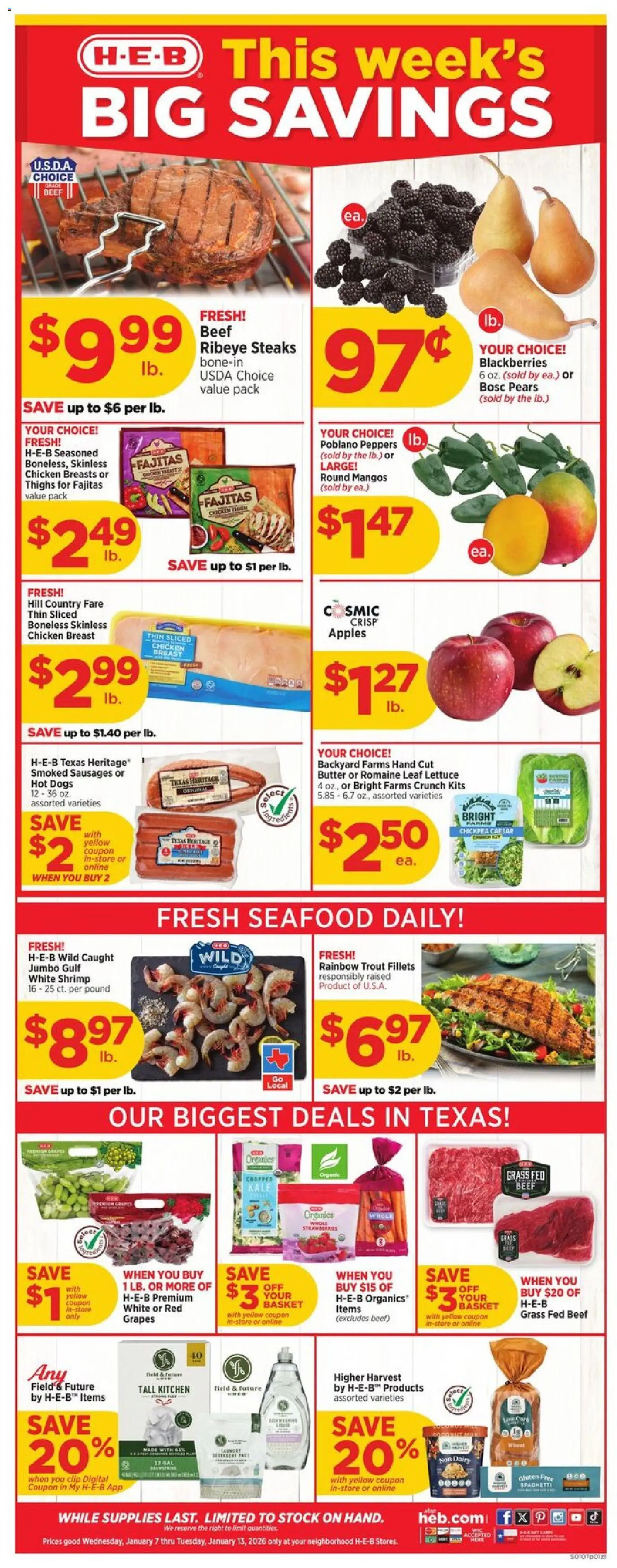 Ad Preview of H-E-B Weekly Ad from 01/07/2026 - Apples, Hot Dogs, Butter, Peppers, Sausages, Grapes, Chicken breasts, Pears