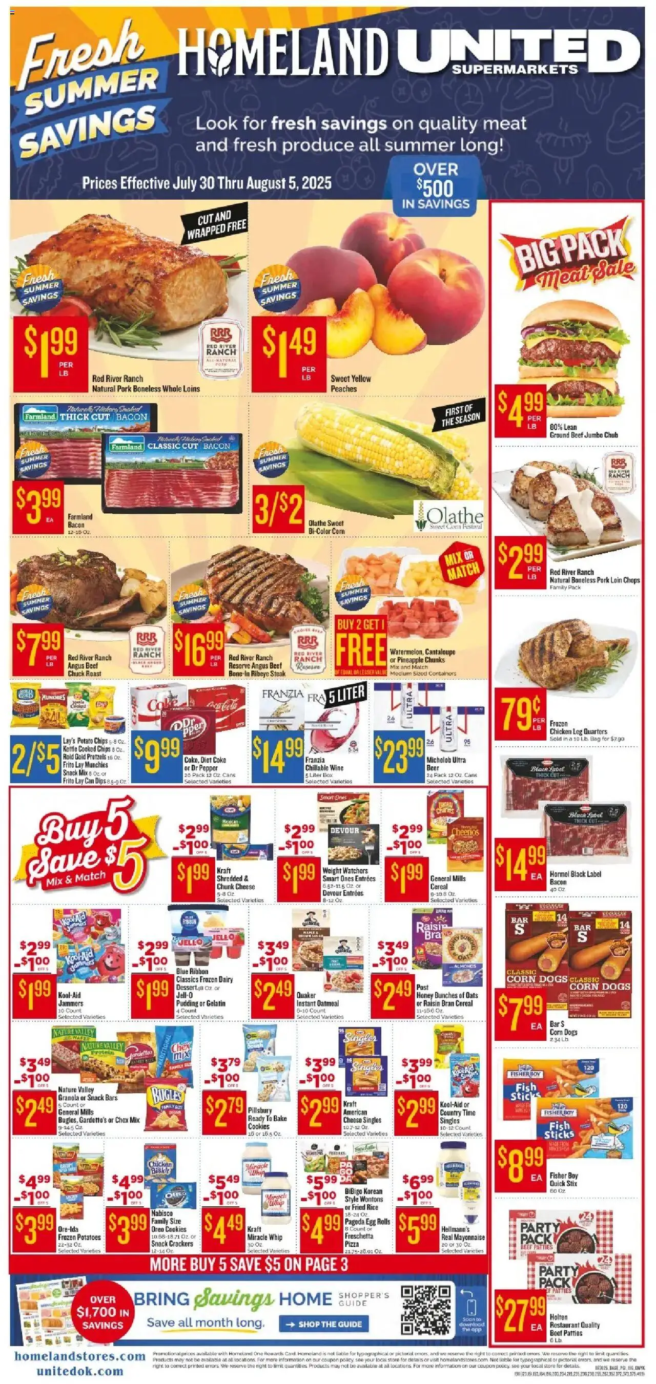 Homeland Weekly Ad from 07/30/2025 - Flyer - Page number 1 - Corn, Meat, Honey, Pizza, Fish, Beef, Bacon, Kettle