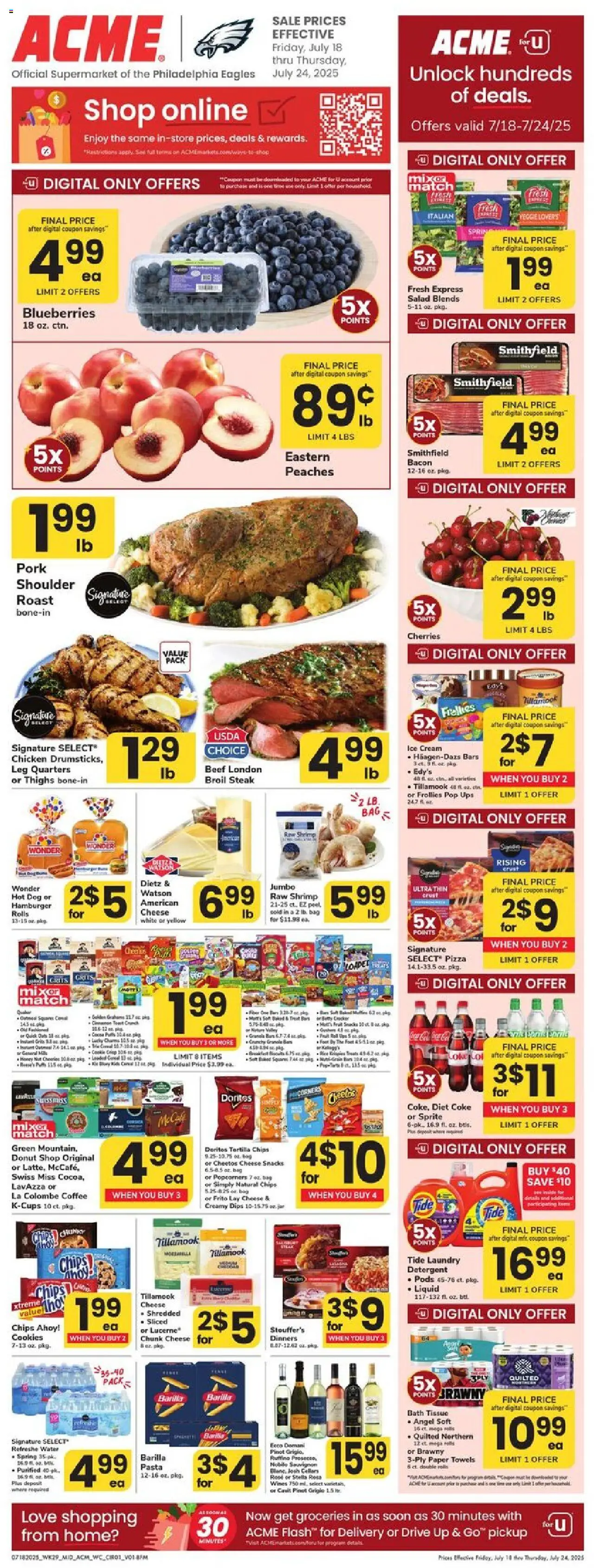 Acme Weekly Ad - PA from 07/18/2025 - Circular, Flyer - Page number 1 - Shrimp, Cream, Ice, Blueberries, Snacks, Paper towels, Barilla, Steak