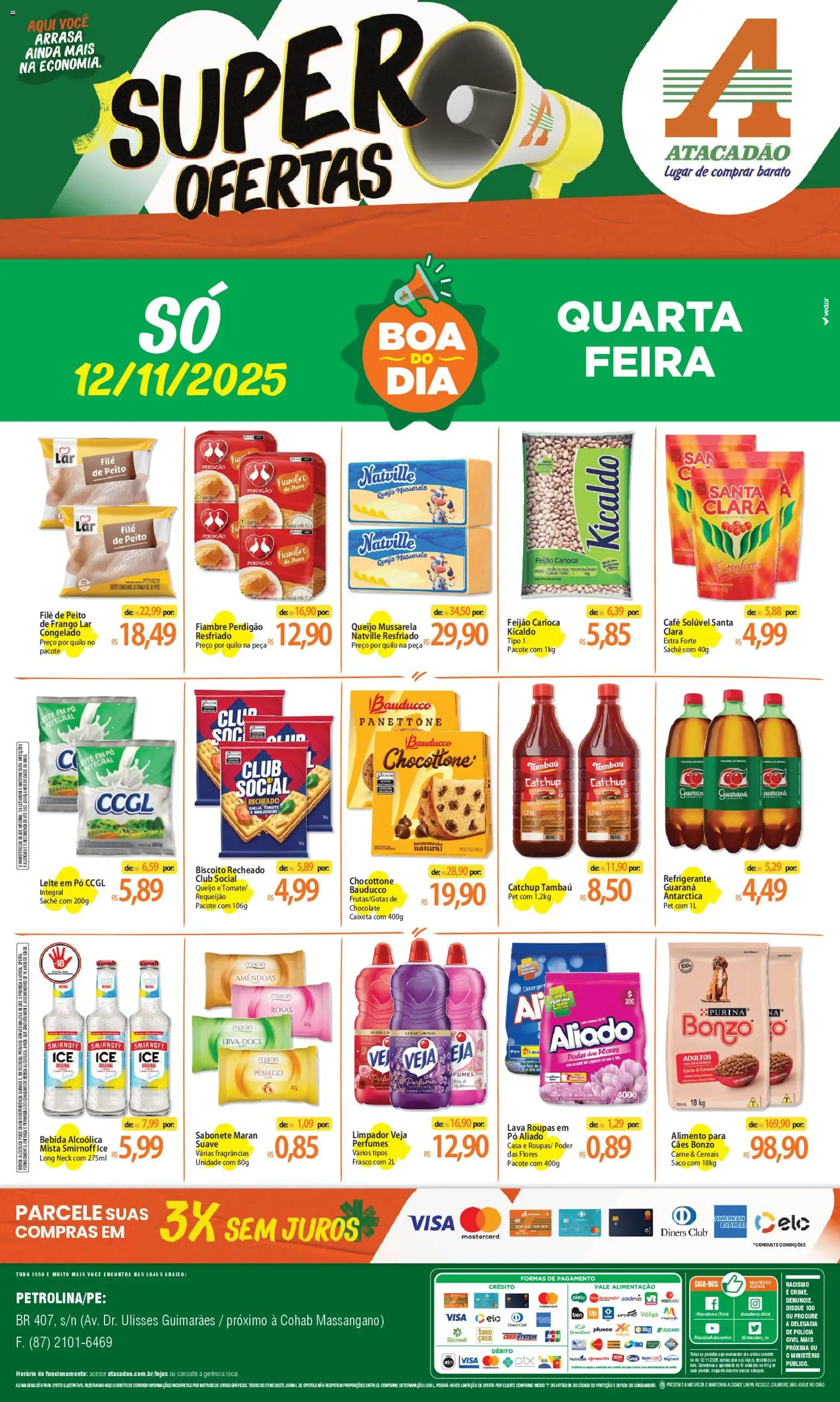 Pré-Visualização do folheto "Ofertas - PE" da loja Atacadão válido a partir de 12/11/2025 - Chocolate, Manjericão, Leite, Requeijão, Guaraná, Amêndoas, Cereais, Panettone