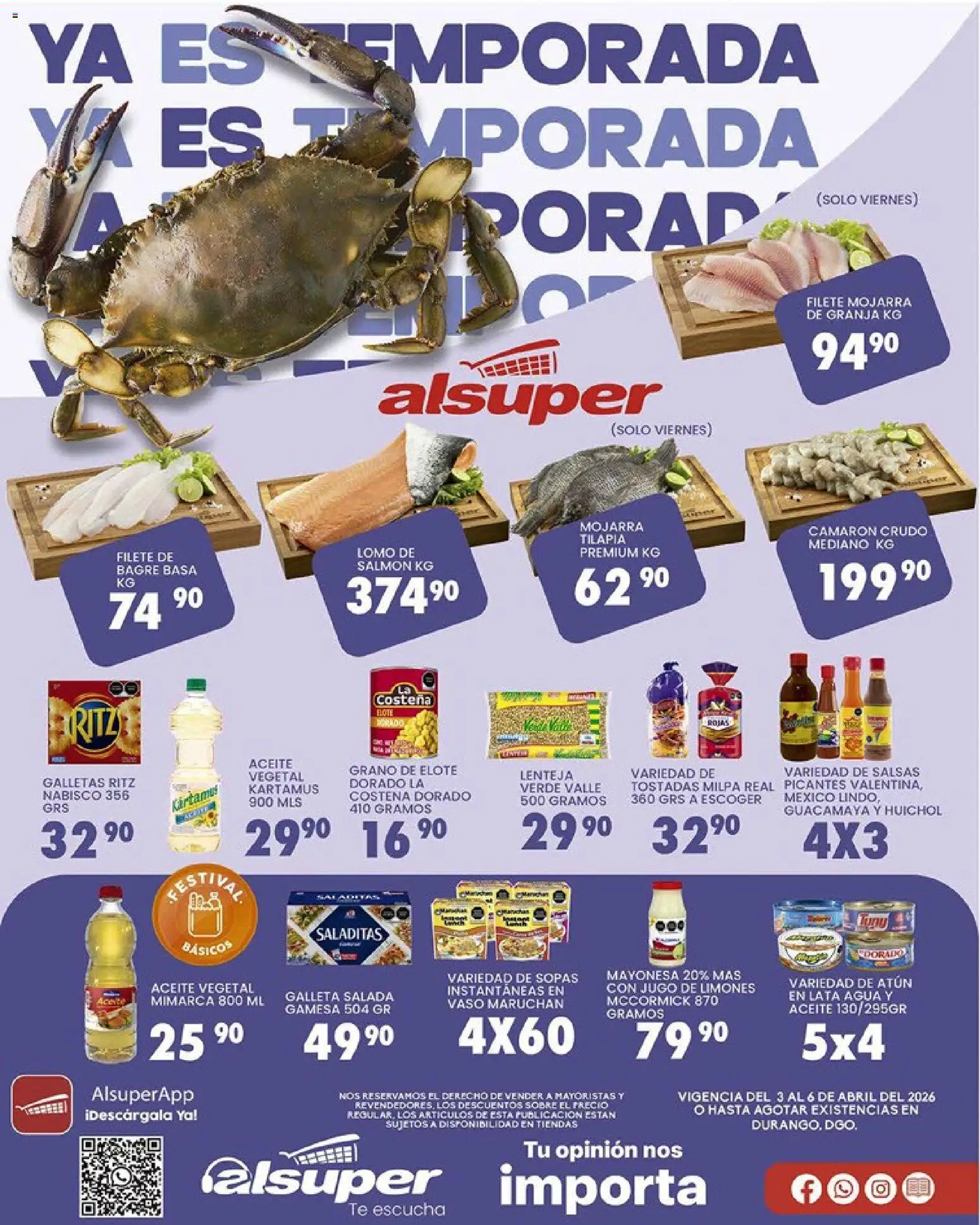 Vista previa las ofertas de la tienda Alsuper - Alsuper folleto Durango desde el 03/04/2026 - Agua, Jugo, Salsas, Mayonesa, Sopas, Tilapia, Aceite vegetal, Filete