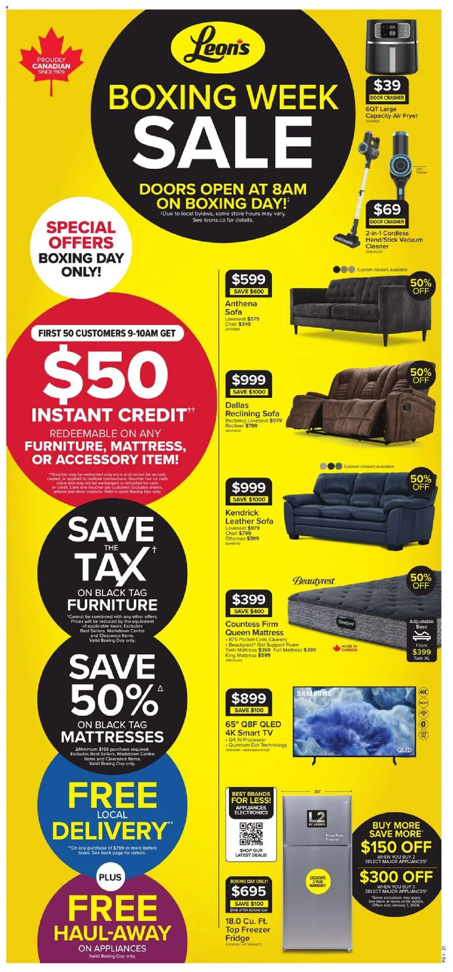 Preview of leaflet Weekly flyer / circulaire from shop Leon's is valid from Dec 25, 2025 - Mattresses, Mattress, Sofa, Vacuum cleaner, Chair, Freezer, Foam, Fryer