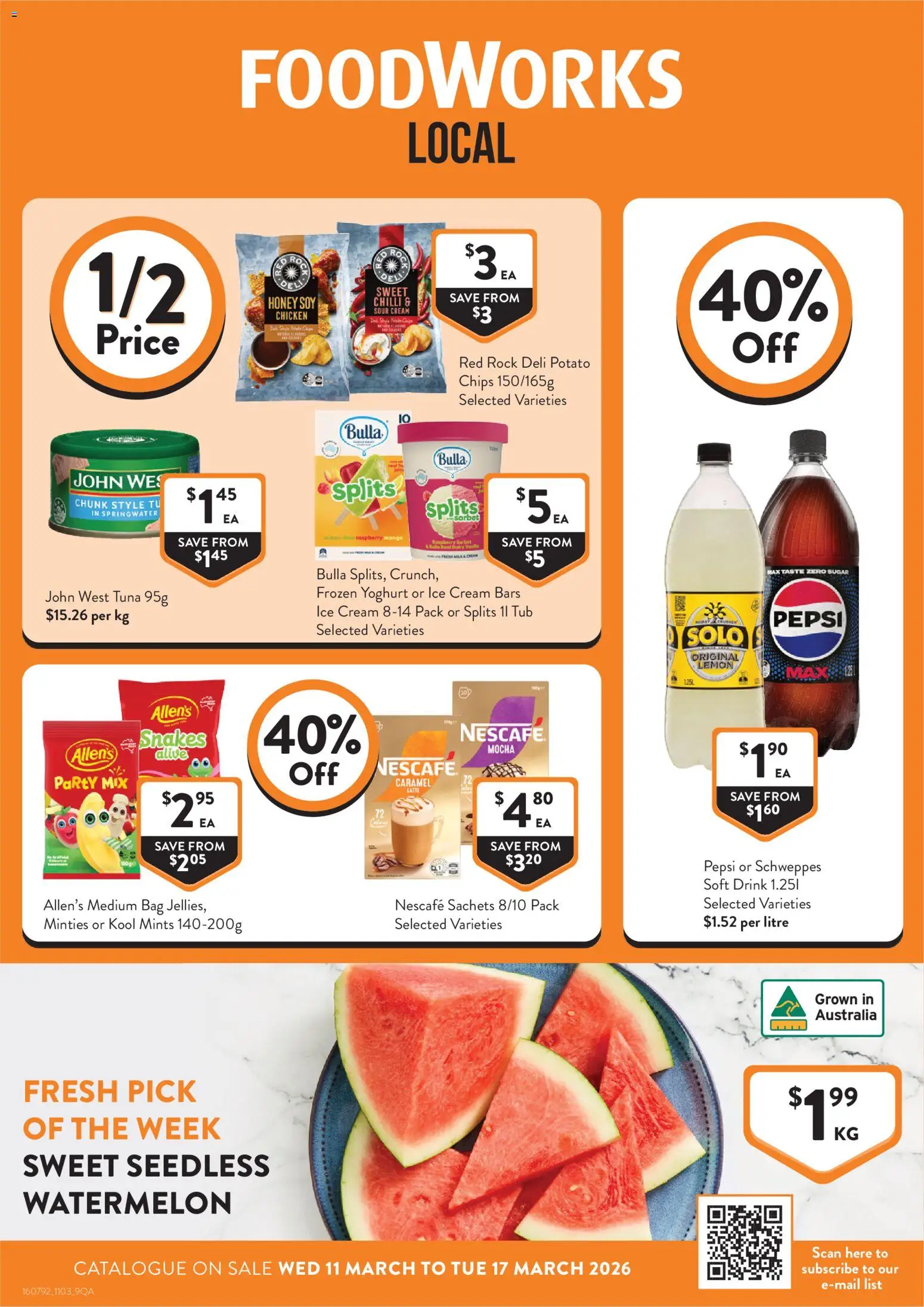 Preview of catalogue Foodworks catalogue QLD from shop Foodworks valid 11/03/2026 - Yoghurt, Chicken, Seedless watermelon, Sour cream, Ice cream, Raspberry, Ice, Bag