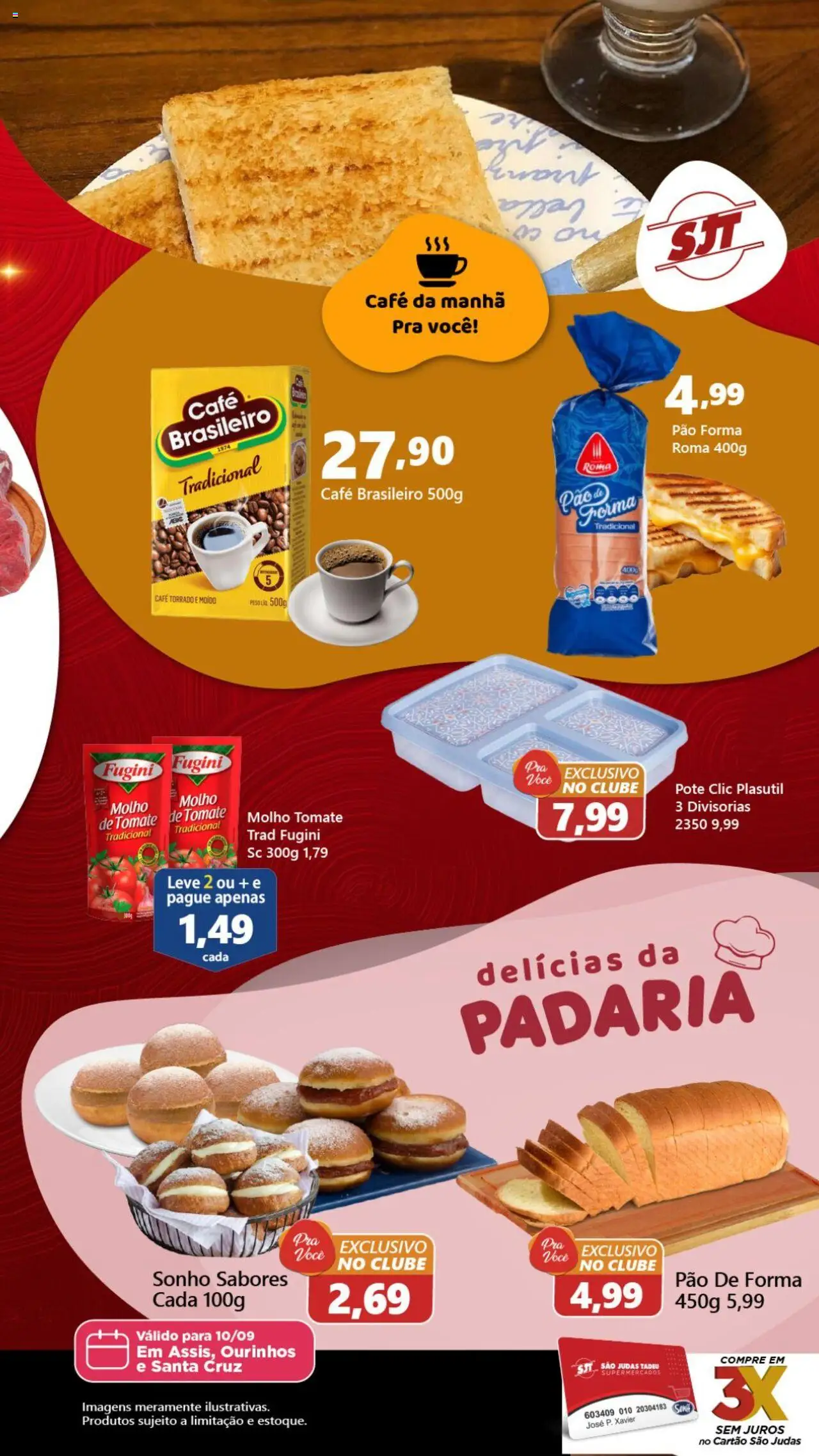 São Judas Tadeu folheto "Ofertas do Dia" válido a partir de 10/09/2025 - número de página 1 - Café, Sonho, Pão, Tomate, Pão de forma, Romã