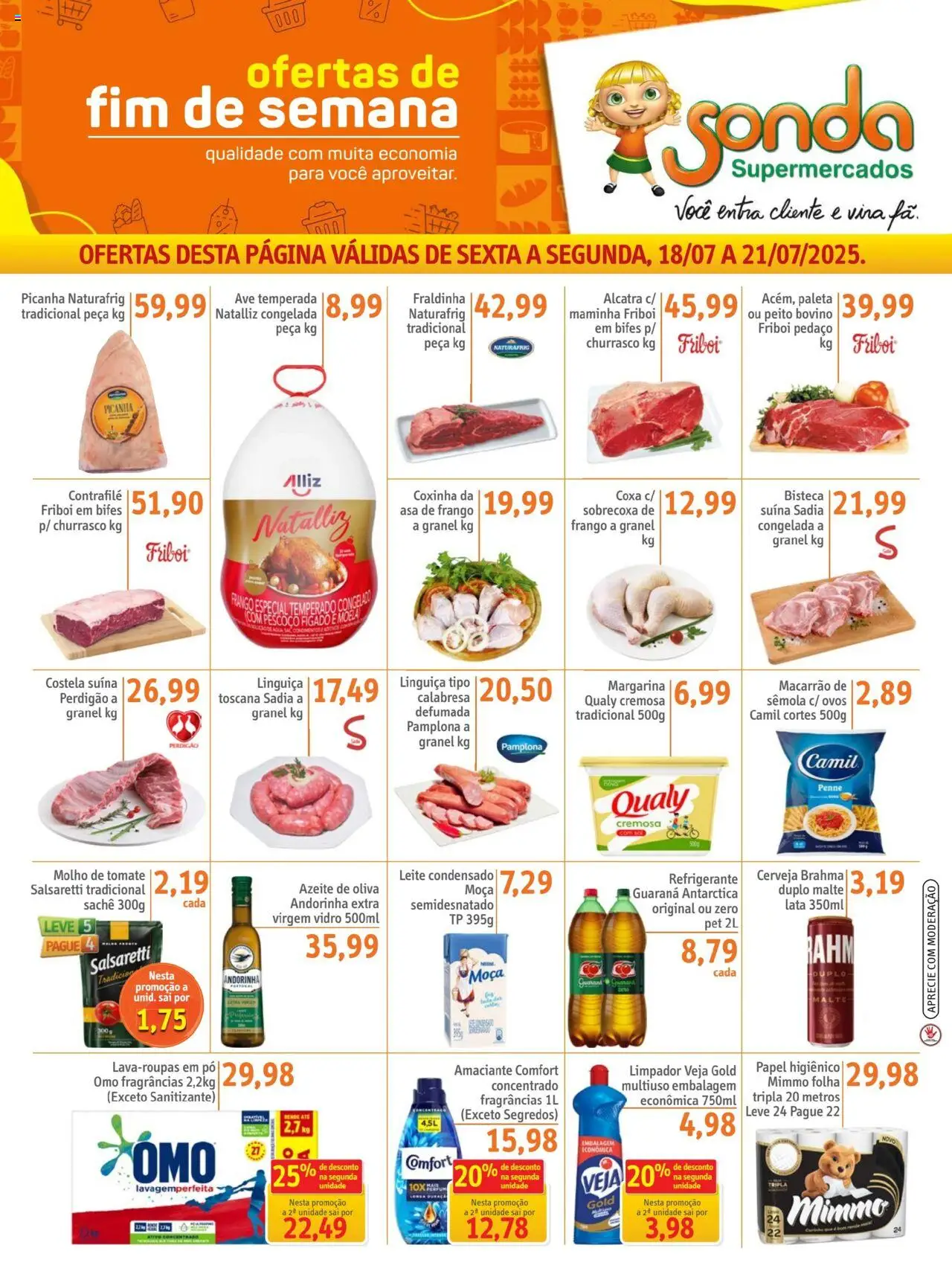 Sonda folheto "Ofertas de fim de semana" válido a partir de 18/07/2025 - número de página 1 - Guaraná, Linguiça, Fraldinha, Picanha, Leite, Cerveja, Água, Azeite de oliva