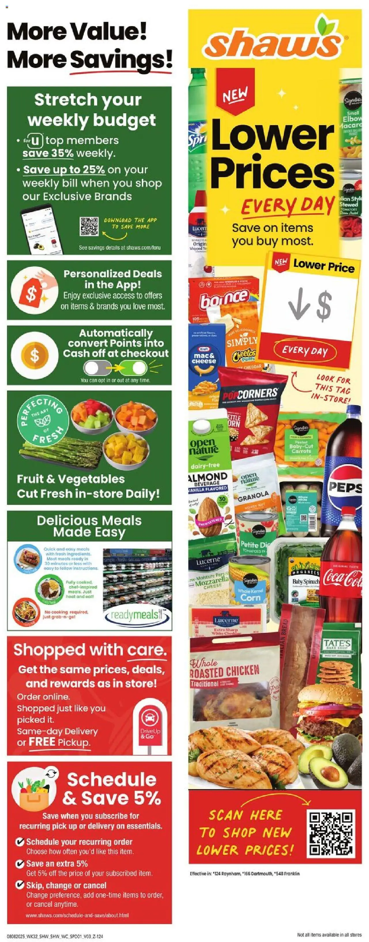 Shaw's Weekly Ad - MA from 08/08/2025 - Flyer - Page number 1 - Vegetables, Cheese, Tomatoes, Carrots, Mozzarella, Vanilla, Chicken, Baby spinach