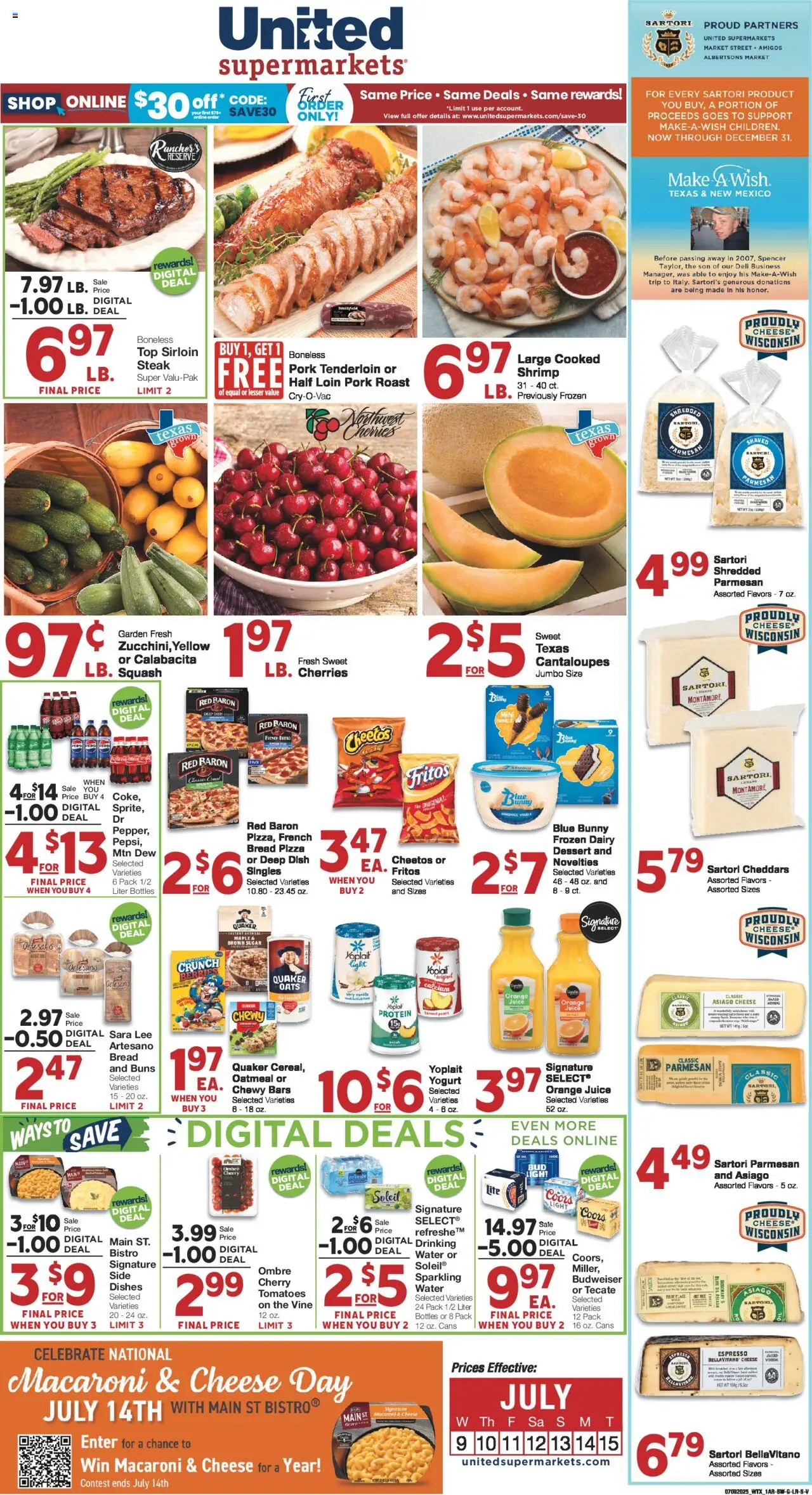 United Supermarkets Weekly Ad from 07/09/2025 - Flyer - Page number 1 - Cherries, Squash, Cheese, Pizza, Water, Sugar, Pork tenderloin, Parmesan