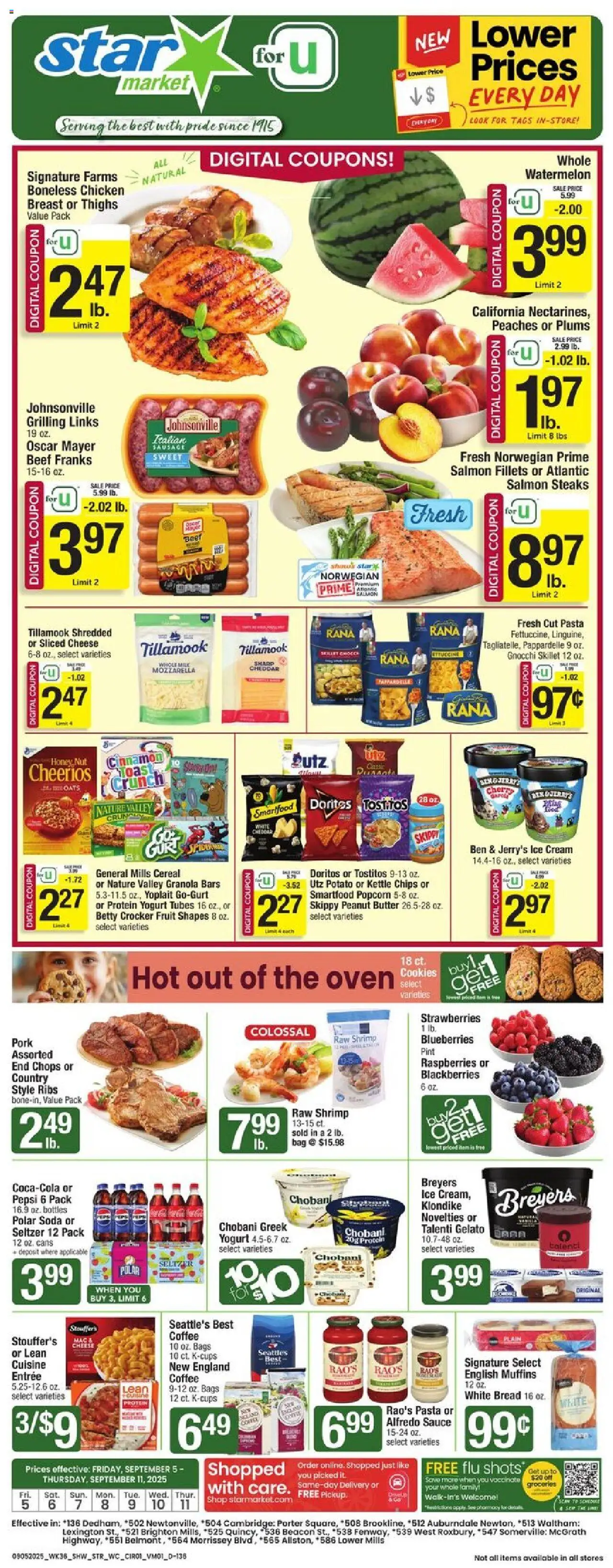 Star Market Weekly Ad from 09/05/2025 - Flyer - Page number 1 - Groceries, Cookies, Shrimp, Mozzarella, Muffins, Whole milk, Protein yogurt, Sliced cheese