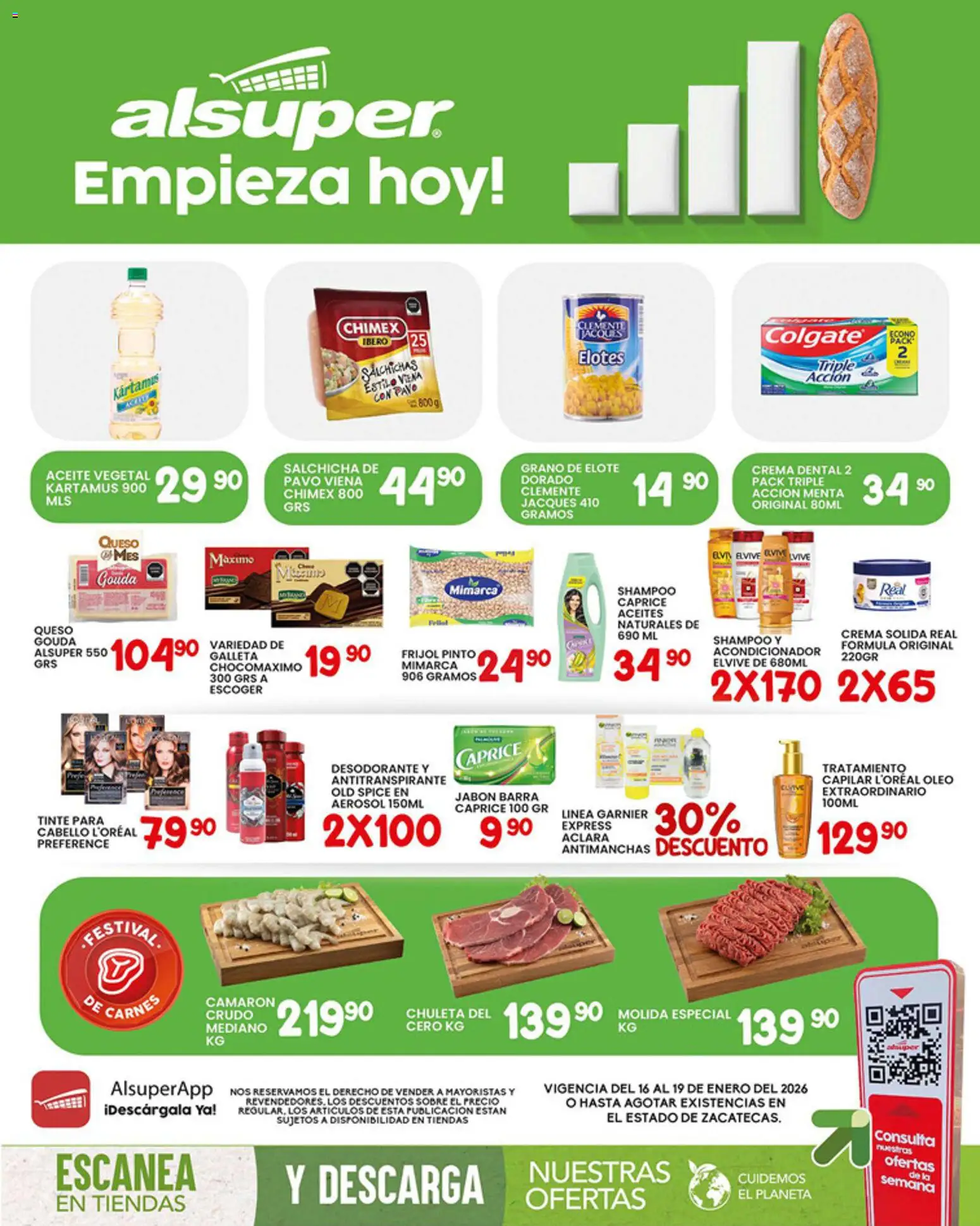 Vista previa las ofertas de la tienda Alsuper - Folleto Zacatecas desde el 16/01/2026 - Queso, Desodorante, Crema, Aceite, Salchicha, Queso Gouda, Barra, Chuleta