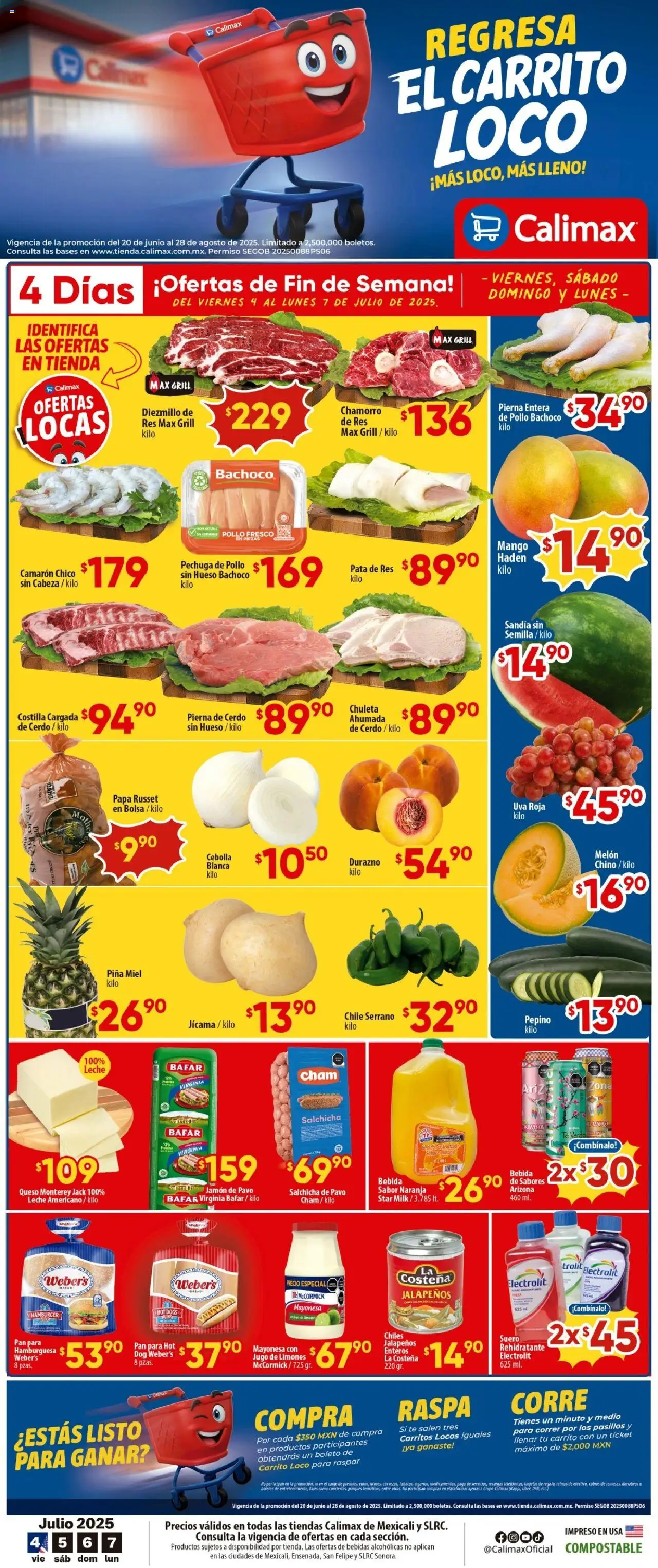 Folleto Mexicali Calimax y sus promociones válidas desde el 04/07/2025 - Número de página 1 - Leche, Jugo, Res, Kiwi, Pavo, Pierna de cerdo, Miel, Pepino