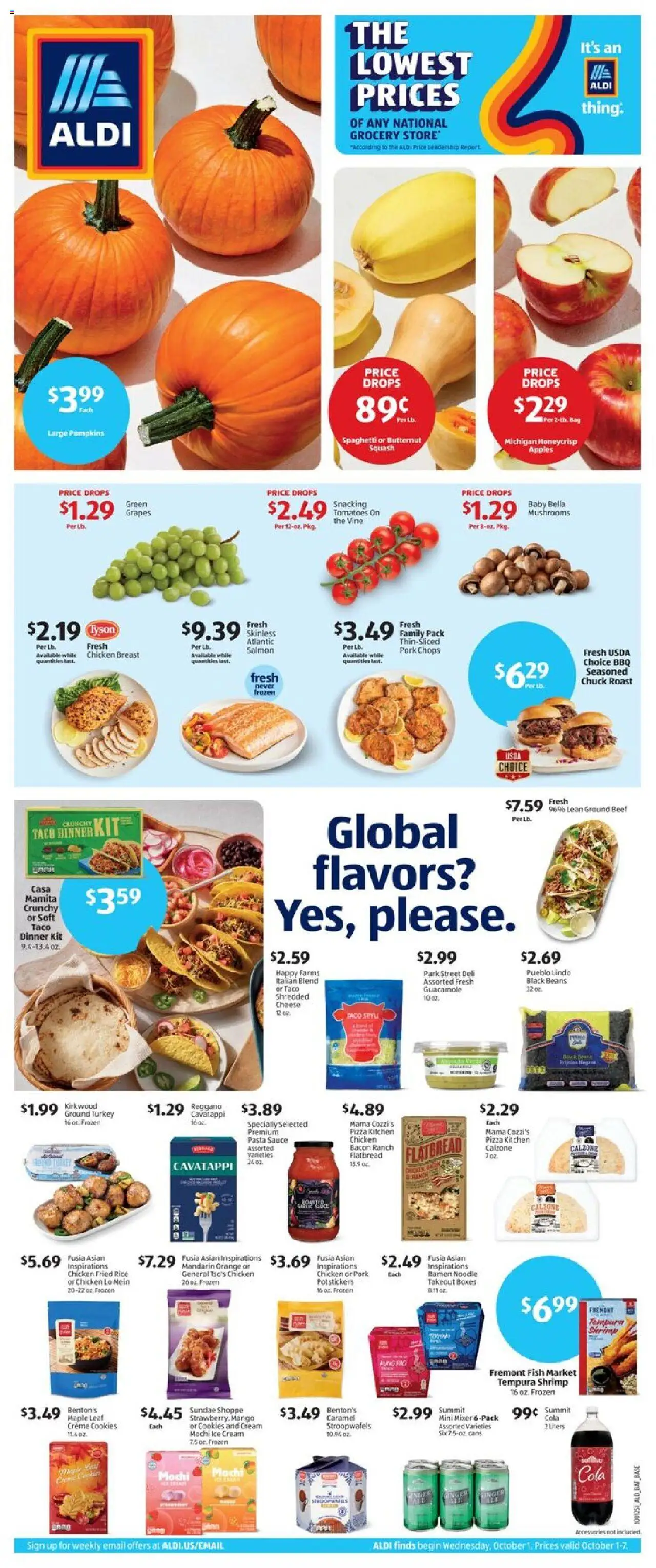 Aldi Weekly Ad from 10/01/2025 - Flyer, Sales ad - Page number 1 - Pasta, Ice, Mushrooms, Spaghetti, Shrimp, Rice, Squash, Chicken