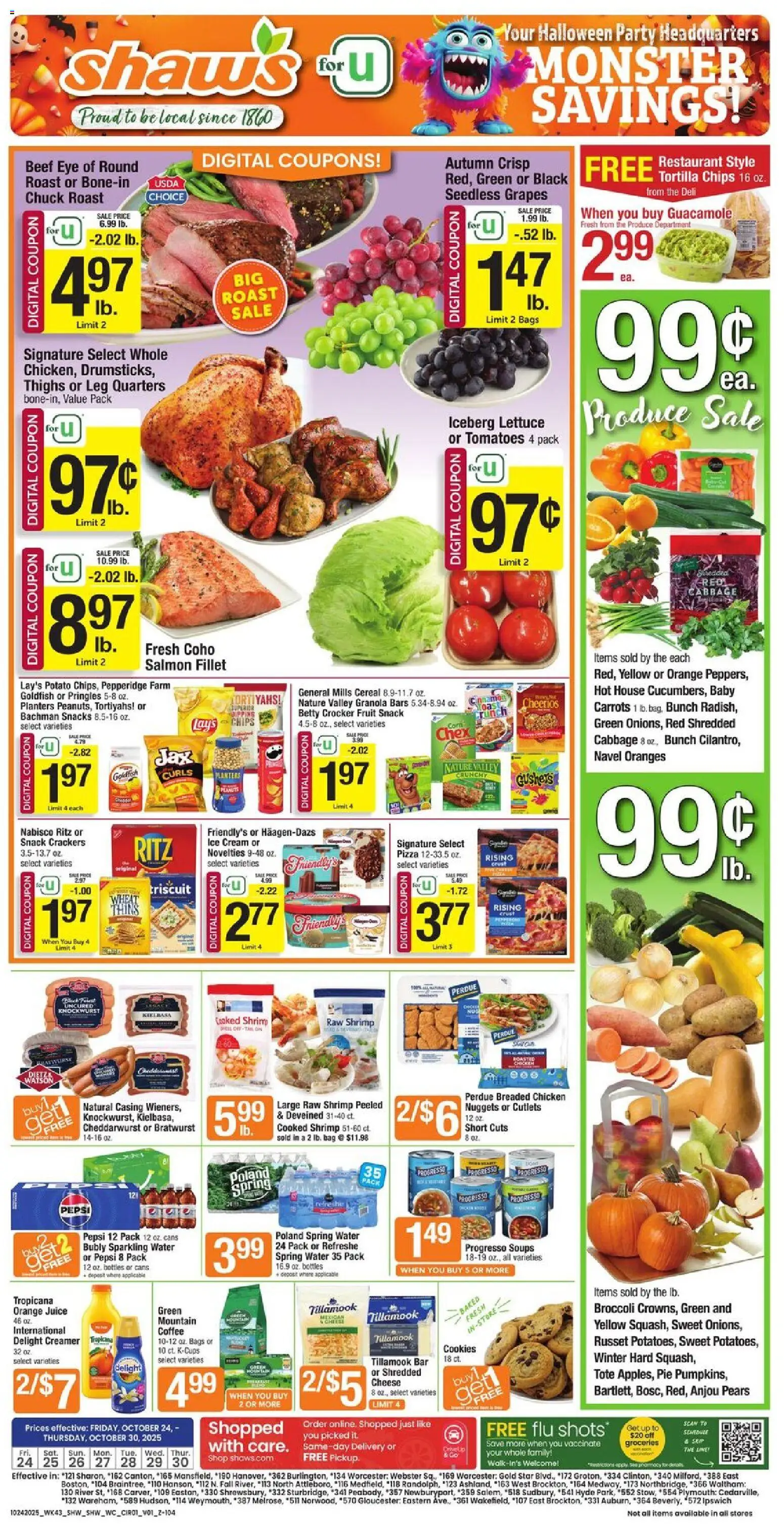 Shaw's Weekly Ad from 10/24/2025 - Flyer - Page number 1 - Groceries, Cookies, Ice, Salmon, Crackers, Cream, Tortilla chips, Seedless grapes