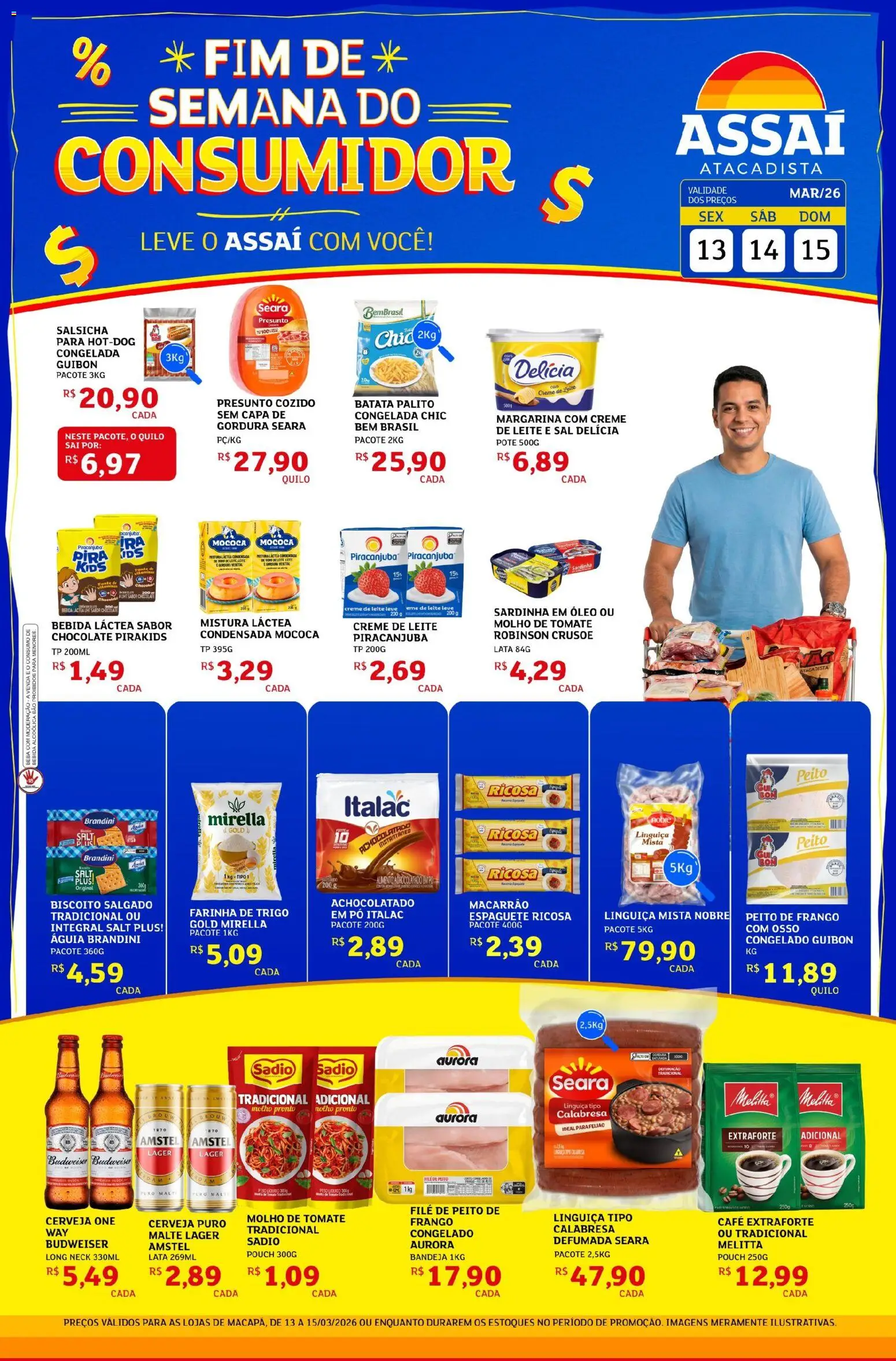 Pré-Visualização do folheto "Assaí Atacadista ofertas - AP" da loja Assaí Atacadista válido a partir de 13/03/2026 - Cerveja, Sal, Biscoito, Batata, Creme de leite, Farinha de trigo, Presunto, Sardinha