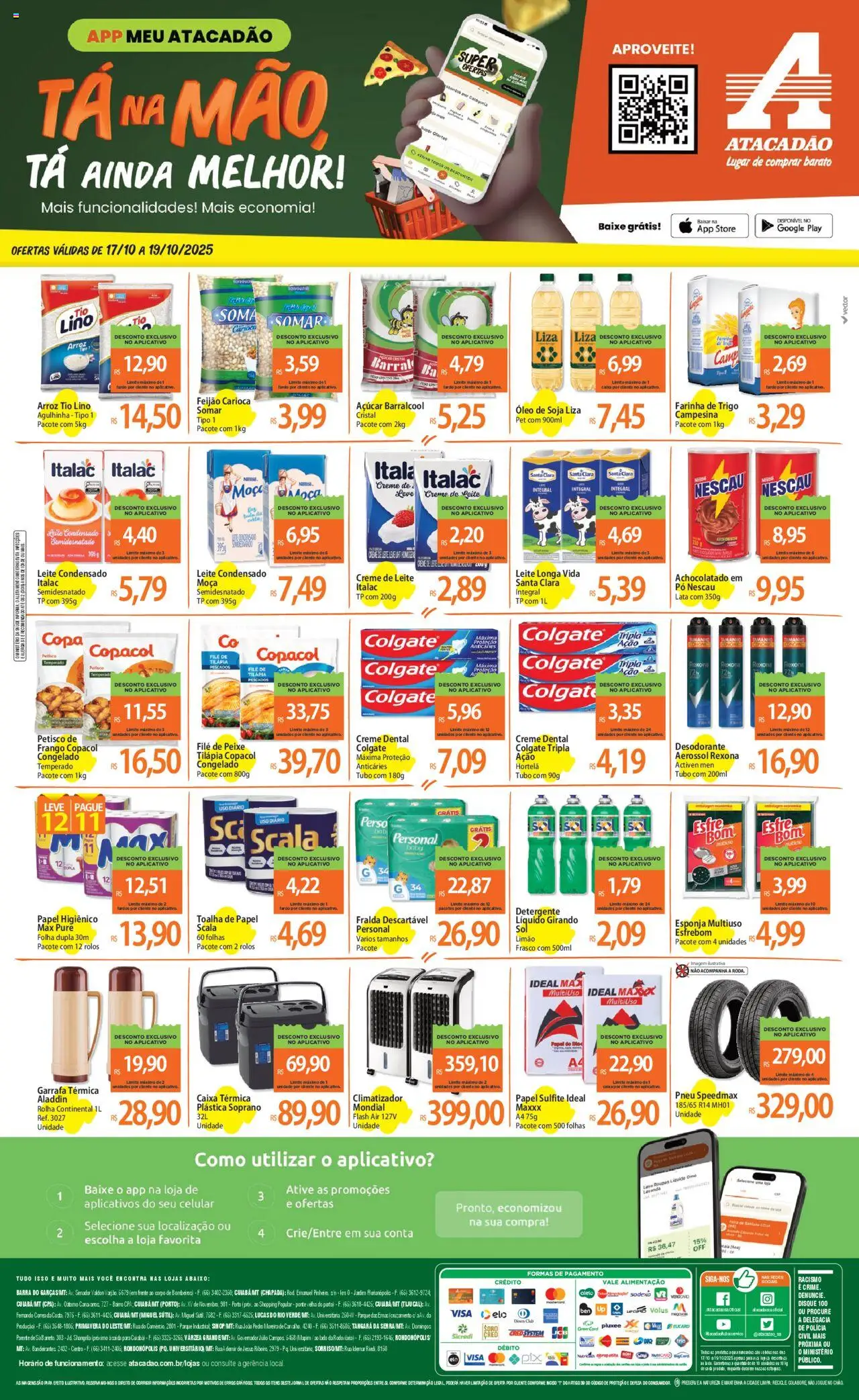 Atacadão folheto "Ofertas - MT" válido a partir de 17/10/2025 - número de página 1 - Peixe, Roupas, Frango, Creme de leite, Detergente, Papel higiênico, Leite integral, Filé de peixe