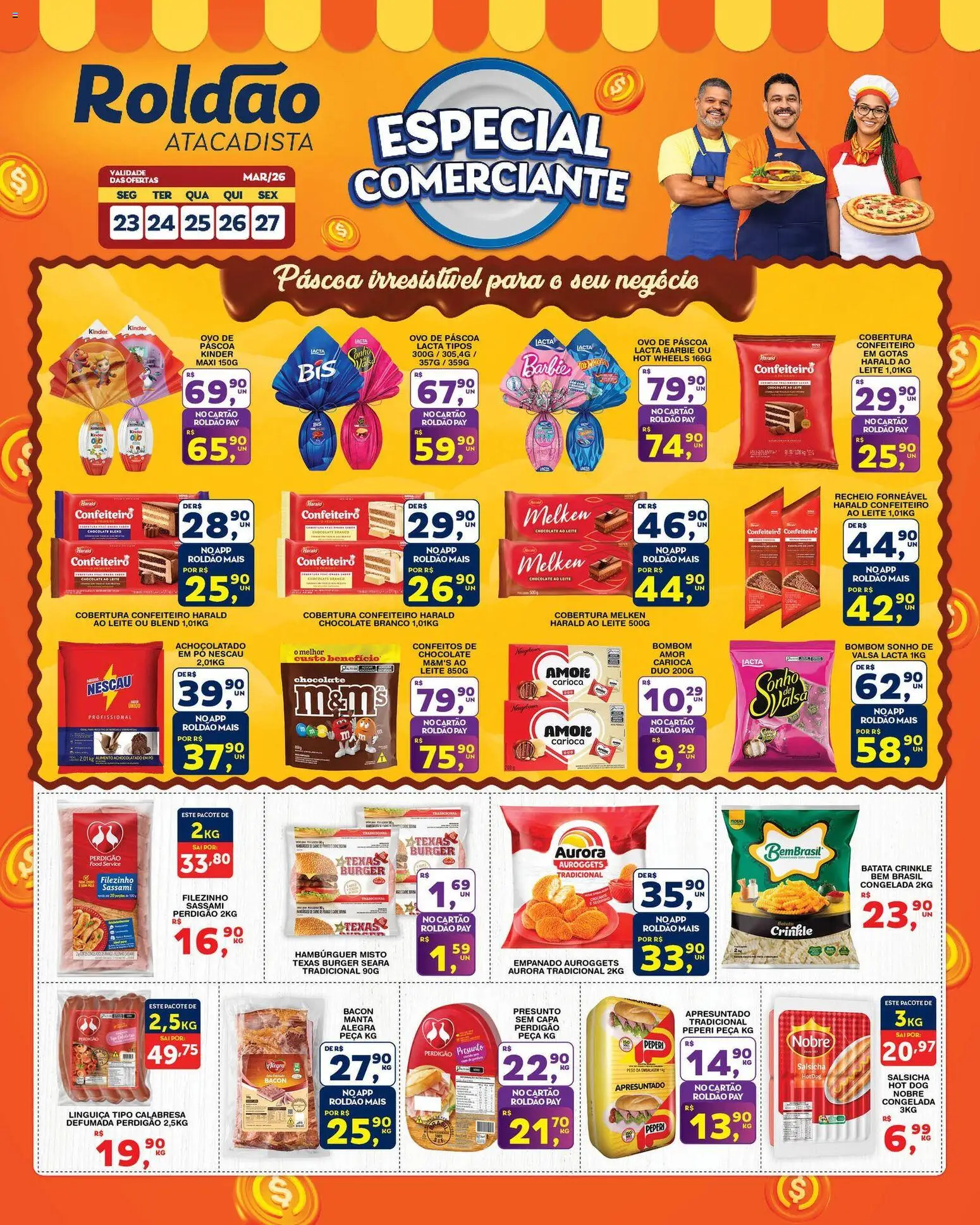 Pré-Visualização do folheto "Roldão ofertas Especial Comerciante" da loja Roldão válido a partir de 23/03/2026 - Hambúrguer, Ovo de páscoa, Sonho, Salsicha, Nescau, Bombom, Pó, Presunto