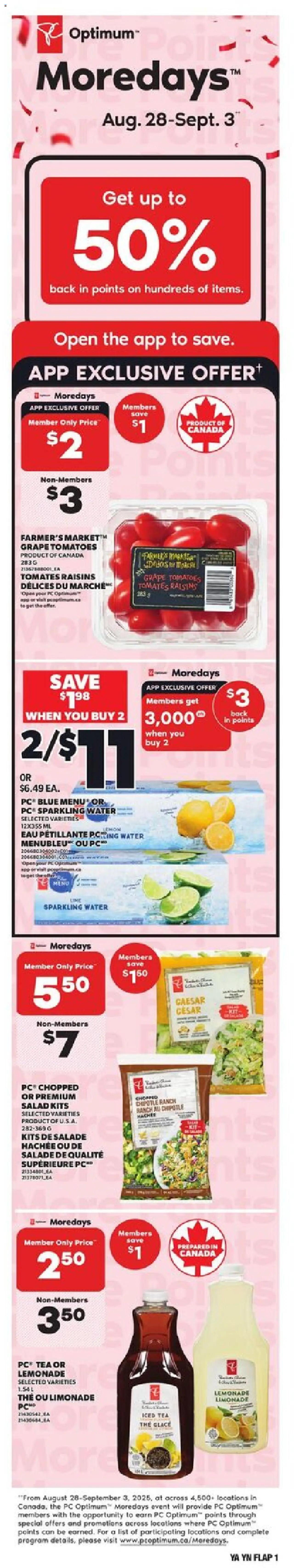 Independent Grocer flyer valid from Aug 28, 2025 - page number 1 - Water, Tea, PC, Salad, Tomatoes, Lemonade, Raisins, Iced tea