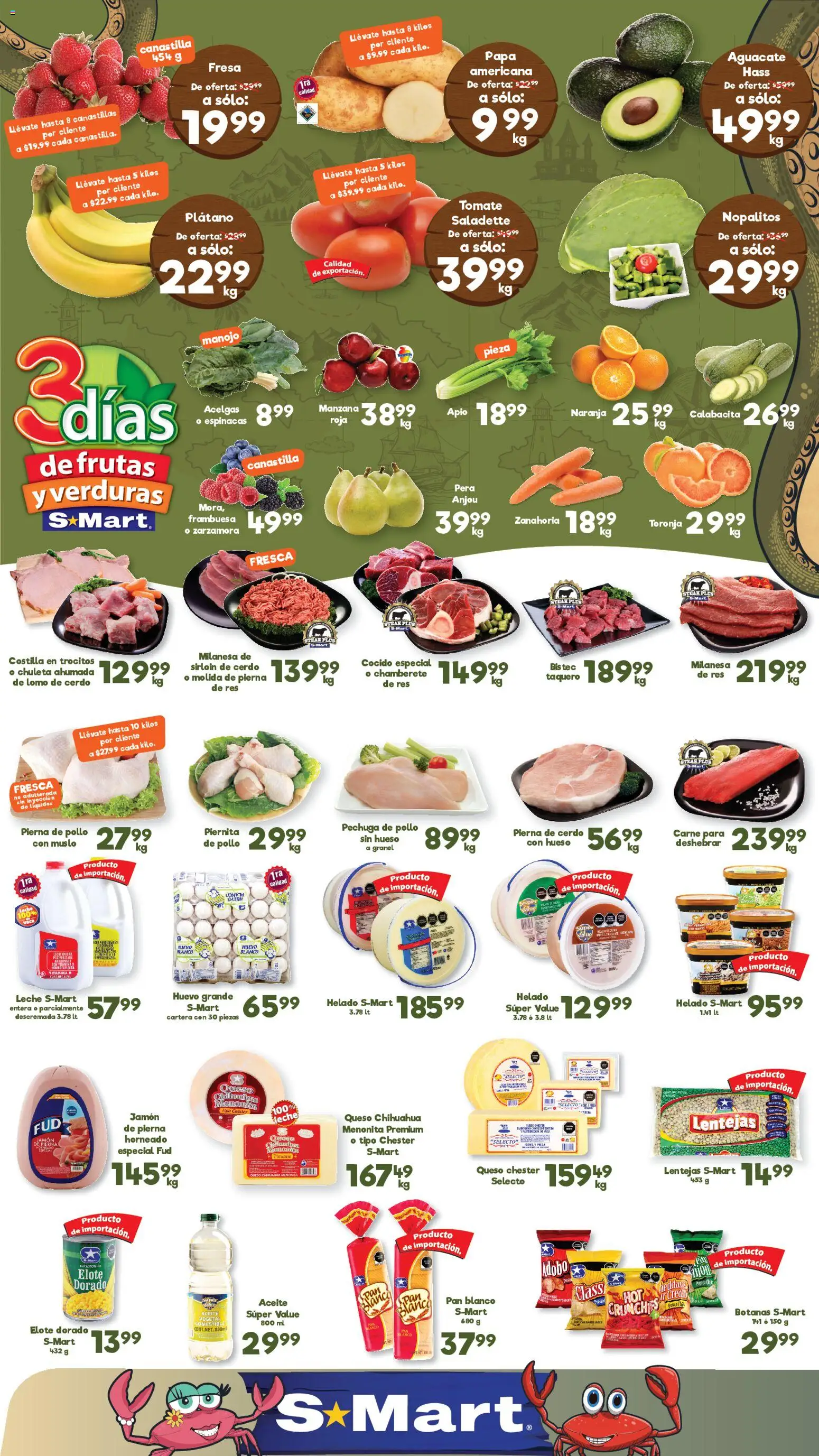 Vista previa las ofertas de la tienda S-Mart - S-Mart folleto Juárez desde el 24/03/2026 - Papa, Tomate, Espinacas, Carne, Cerdo, Jamón, Lomo de cerdo, Steak