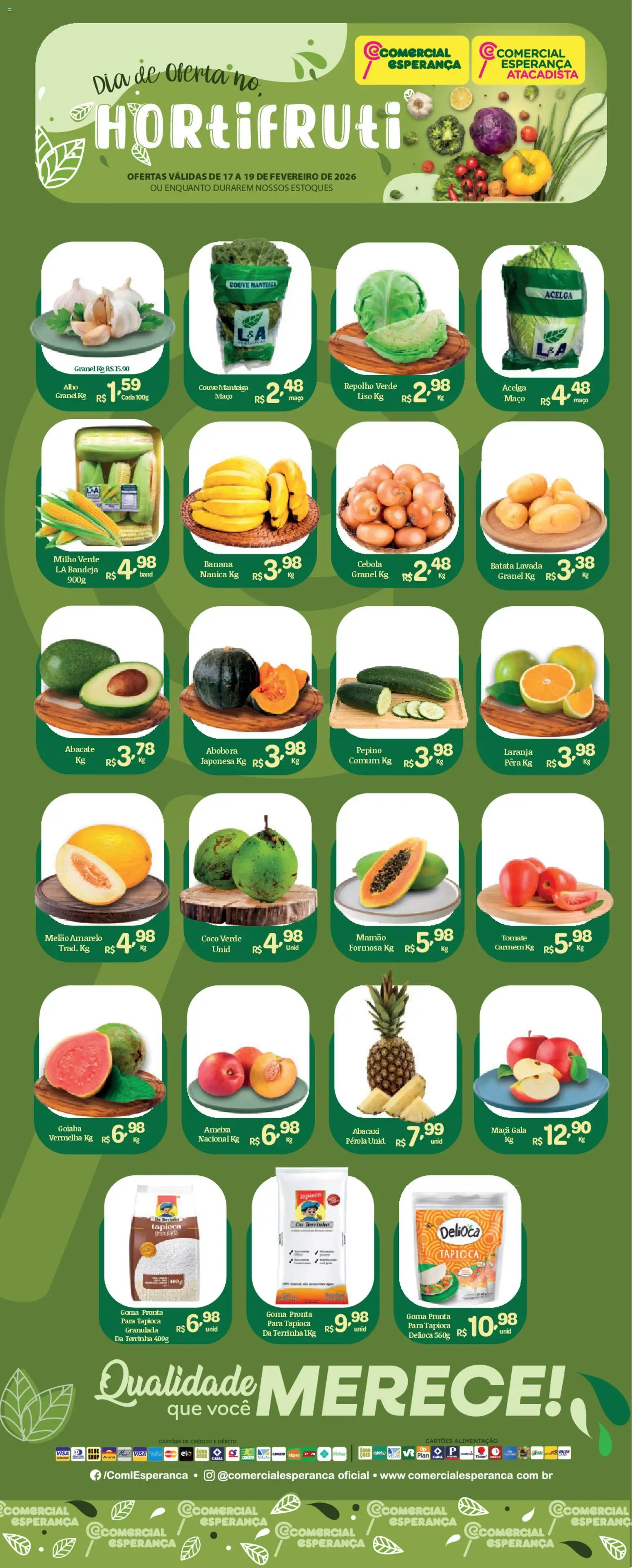 Pré-Visualização do folheto "Ofertas Hortifruti" da loja Comercial Esperança válido a partir de 17/02/2026 - Goiaba, Abacate, Manteiga, Couve, Cebola, Repolho, Milho verde, Mamão
