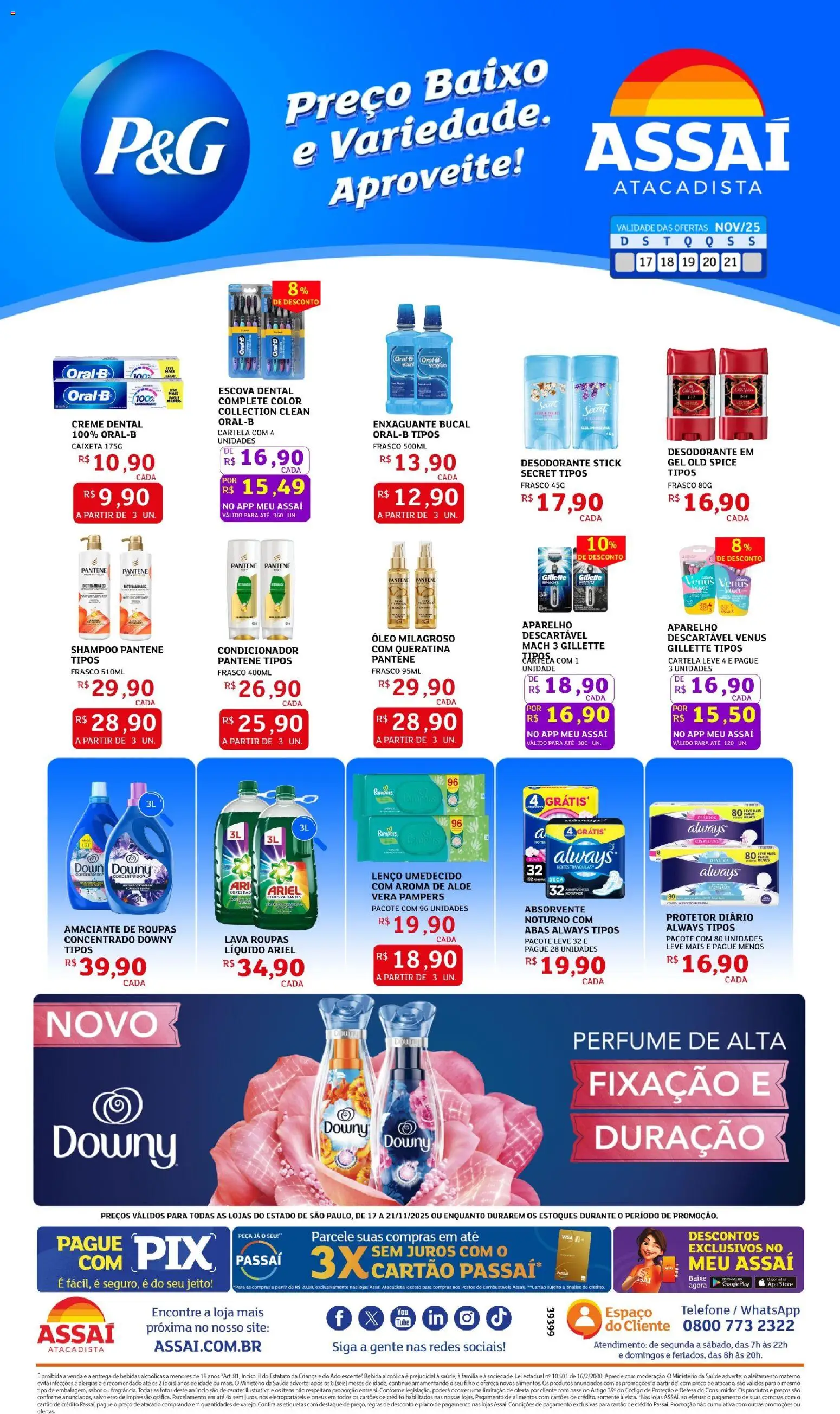 Pré-Visualização do folheto "Encarte - SP" da loja Assaí Atacadista válido a partir de 17/11/2025 - Absorvente, Pão, Enxaguante bucal, Alimentos, Baixo, Amaciante, Escova, Creme dental