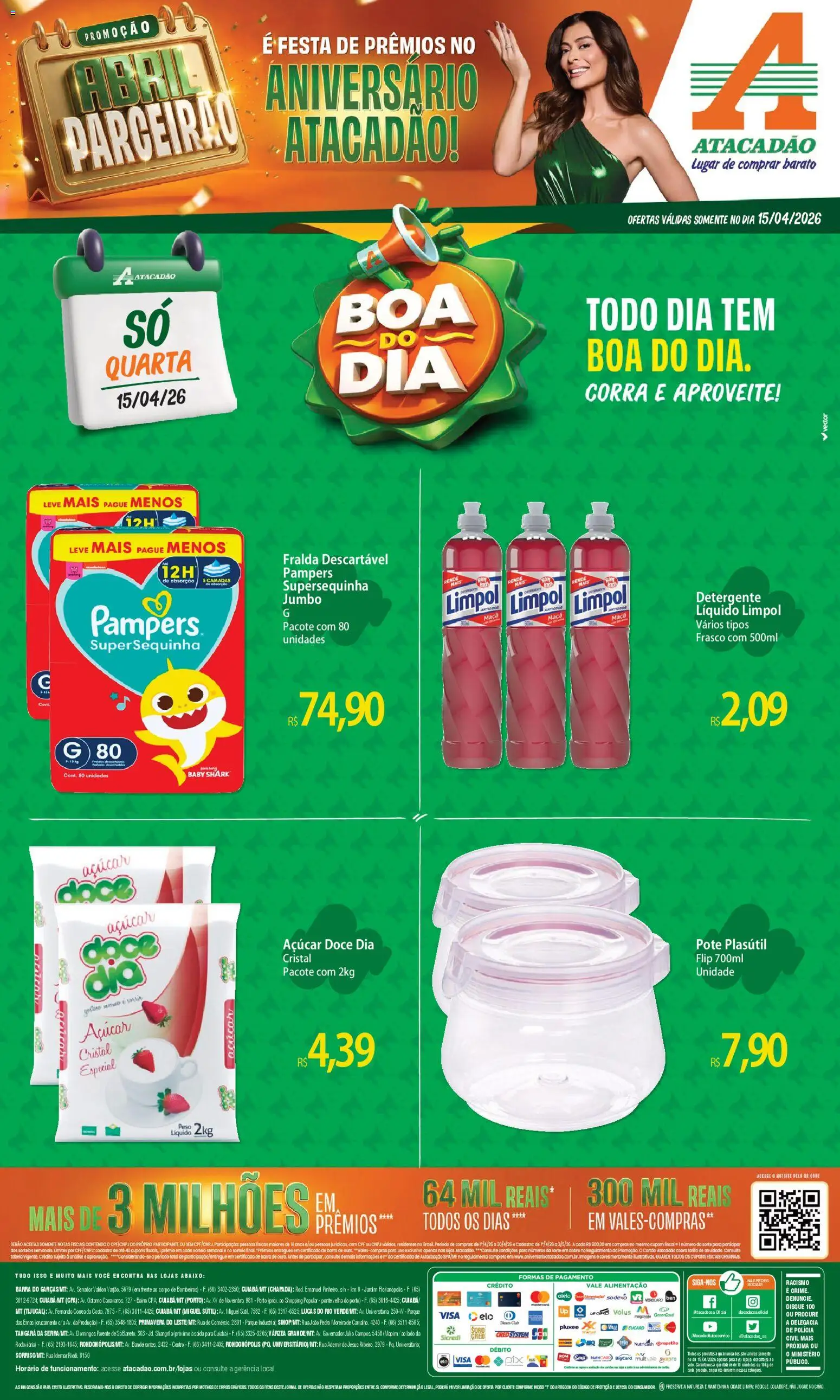 Pré-Visualização do folheto "Atacadão ofertas - MT" da loja Atacadão válido a partir de 15/04/2026 - Doce, Açúcar, Pampers, Detergente, Pó, Açúcar cristal