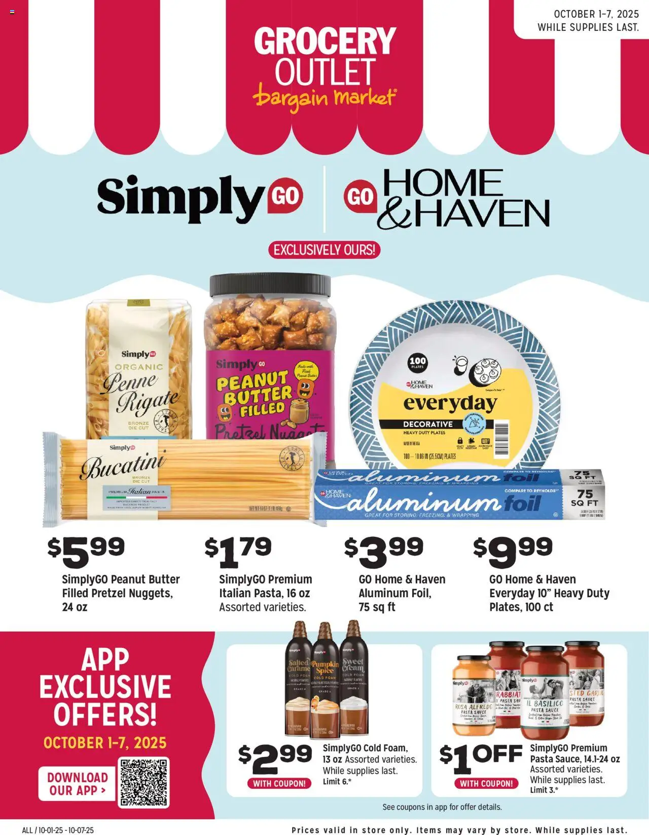 Ad Preview of Grocery Outlet Weekly - Ops Standalone from 10/01/2025 - Pasta, Pumpkin, Peanut butter, Cream, Sauce, Foam, Foil, Aluminum foil