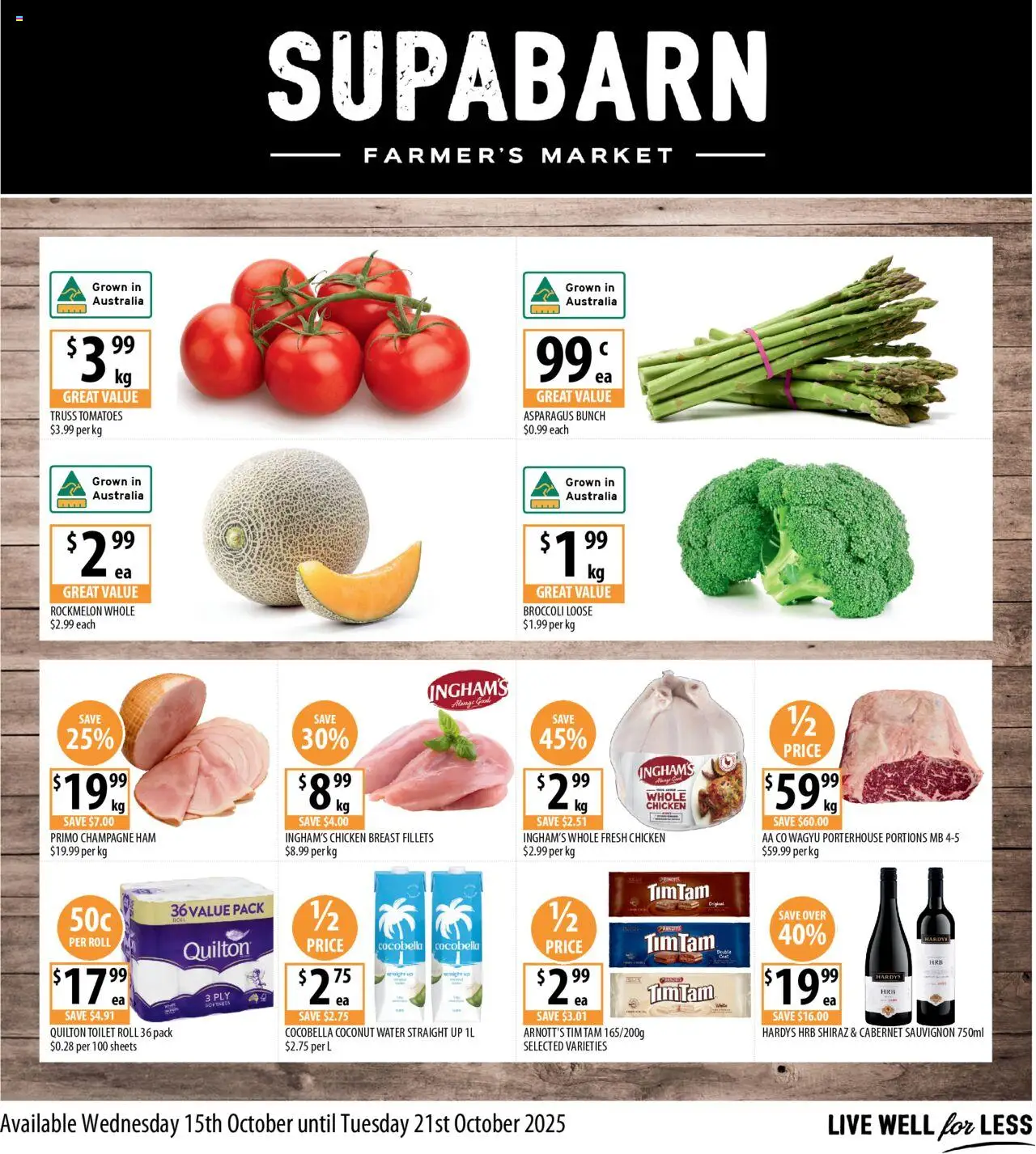 Preview of catalogue Catalogue from shop Supabarn valid 15/10/2025 - Champagne, Broccoli, Chicken, Tomatoes, Water, Rockmelon, Coconut, Asparagus